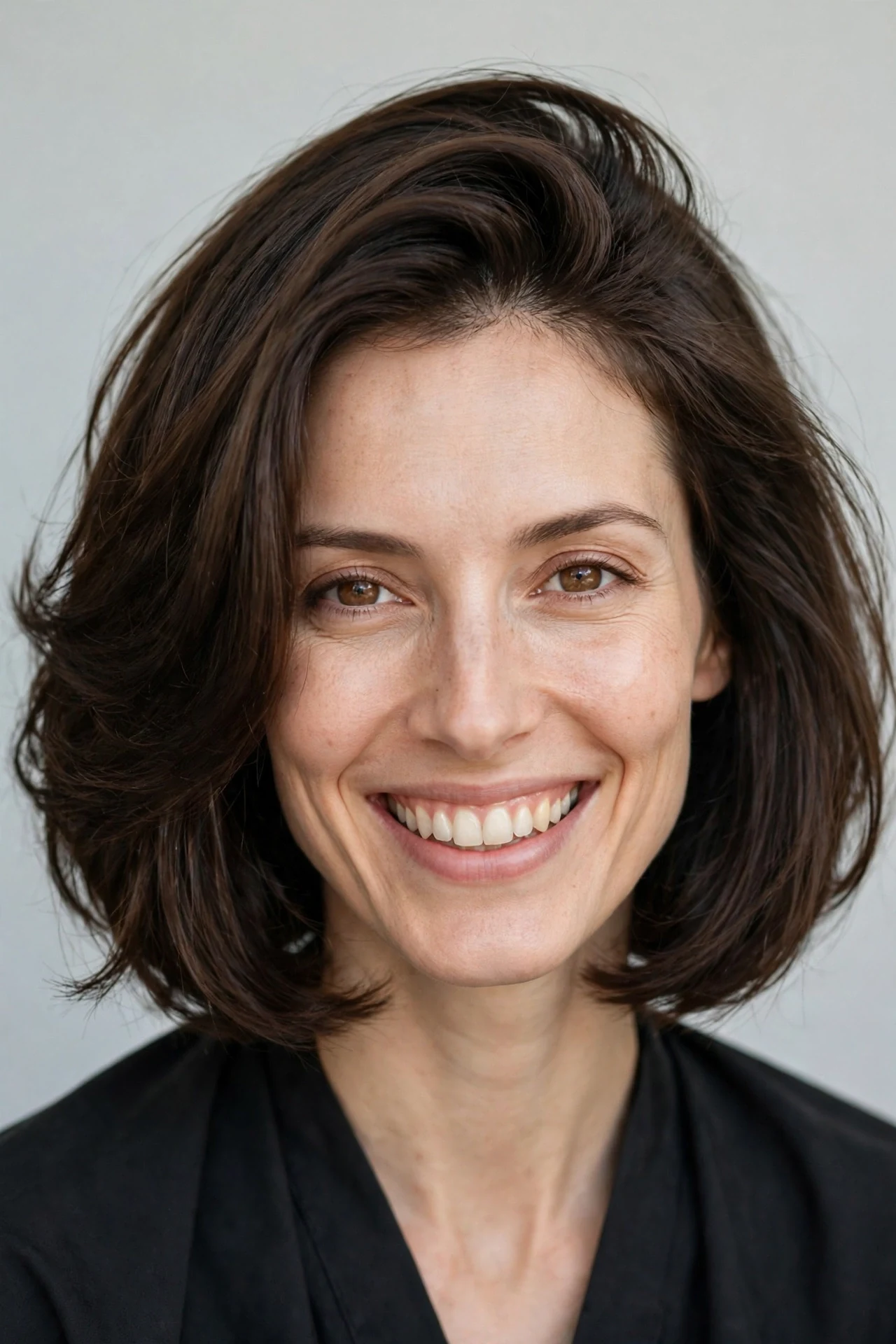 Voluminous chin-length lob for fine hair with a deep side part
