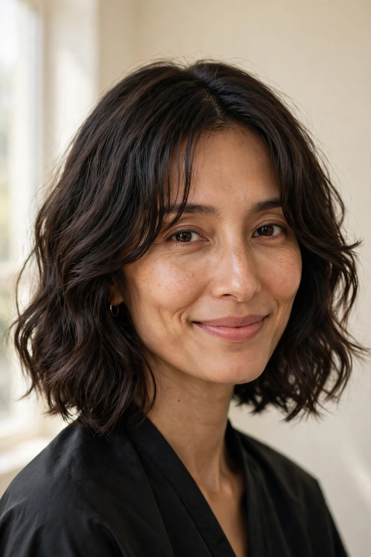 Wavy chin-length lob with curtain bangs framing the cheeks