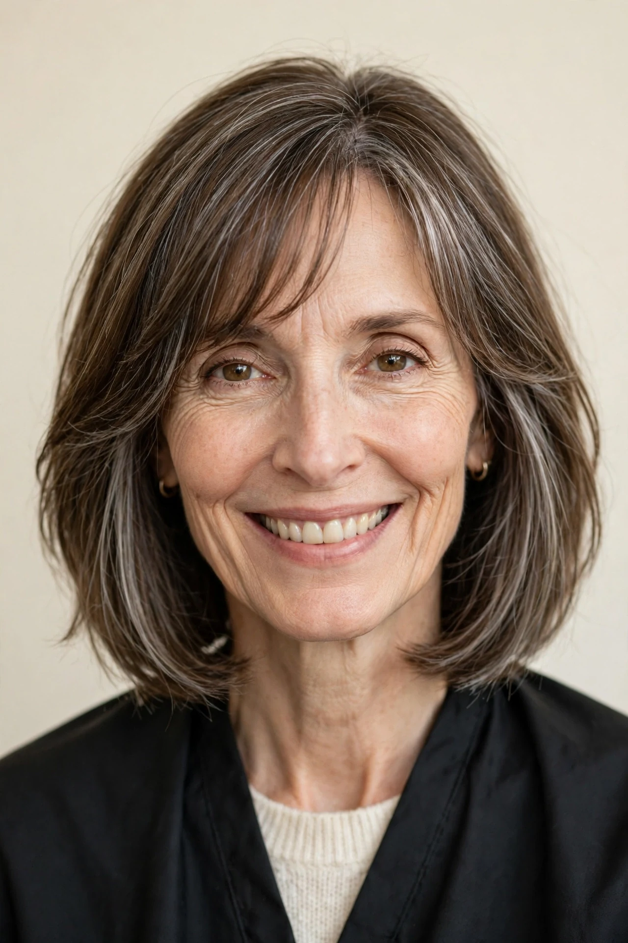 Chin-length lob with wispy curtain bangs and a soft side part