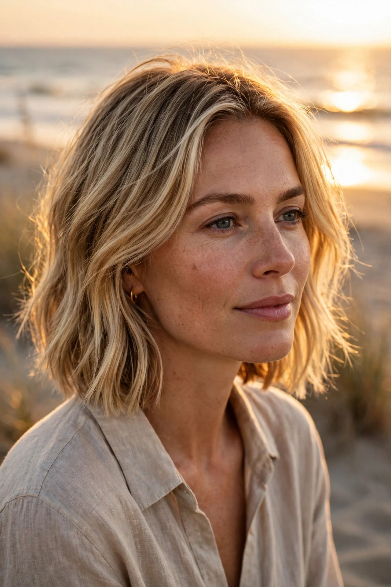 Blonde long french bob with sun-kissed highlights and tousled texture