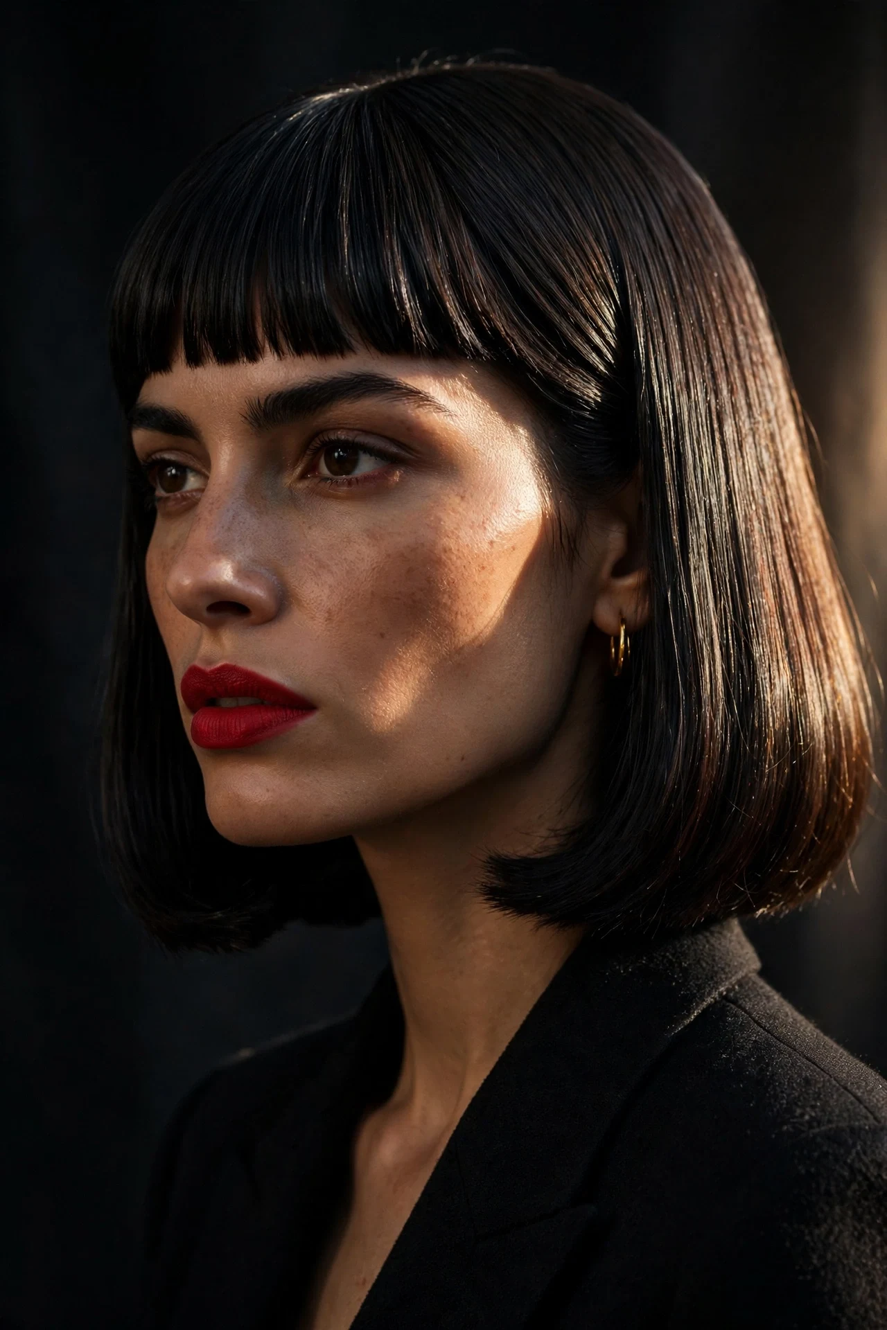 Long french bob with blunt bangs and straight sleek finish