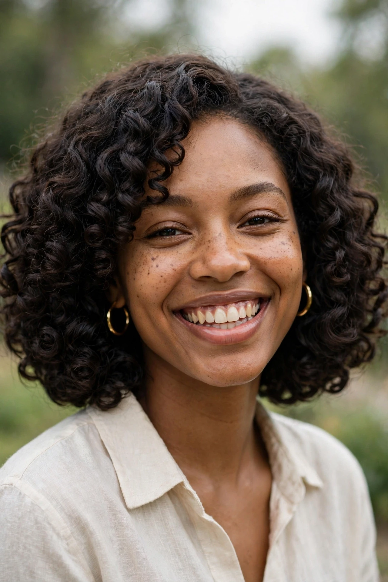 Curly long french bob with defined ringlets and rounded shape