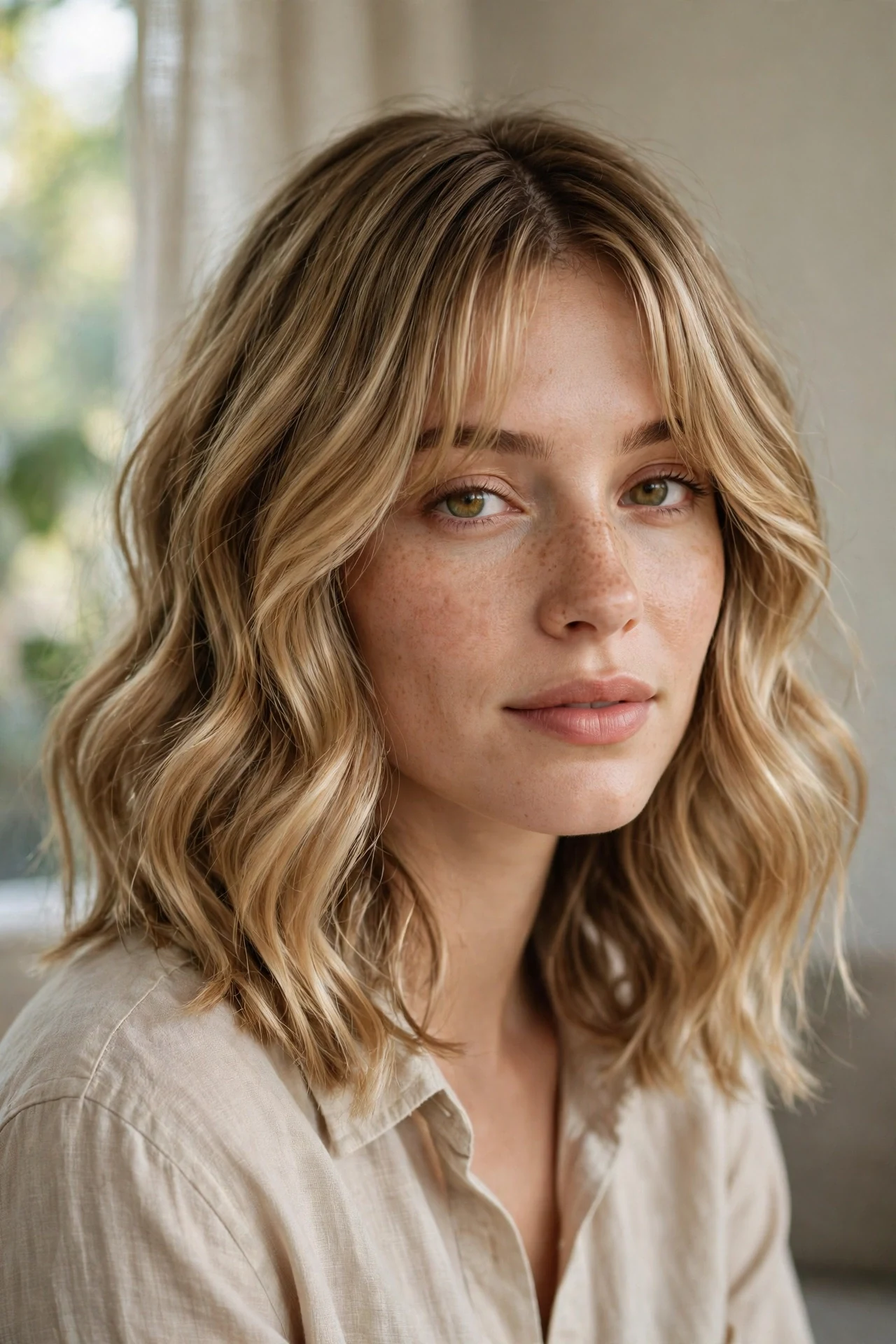 Wavy long french bob with curtain bangs parted in the middle