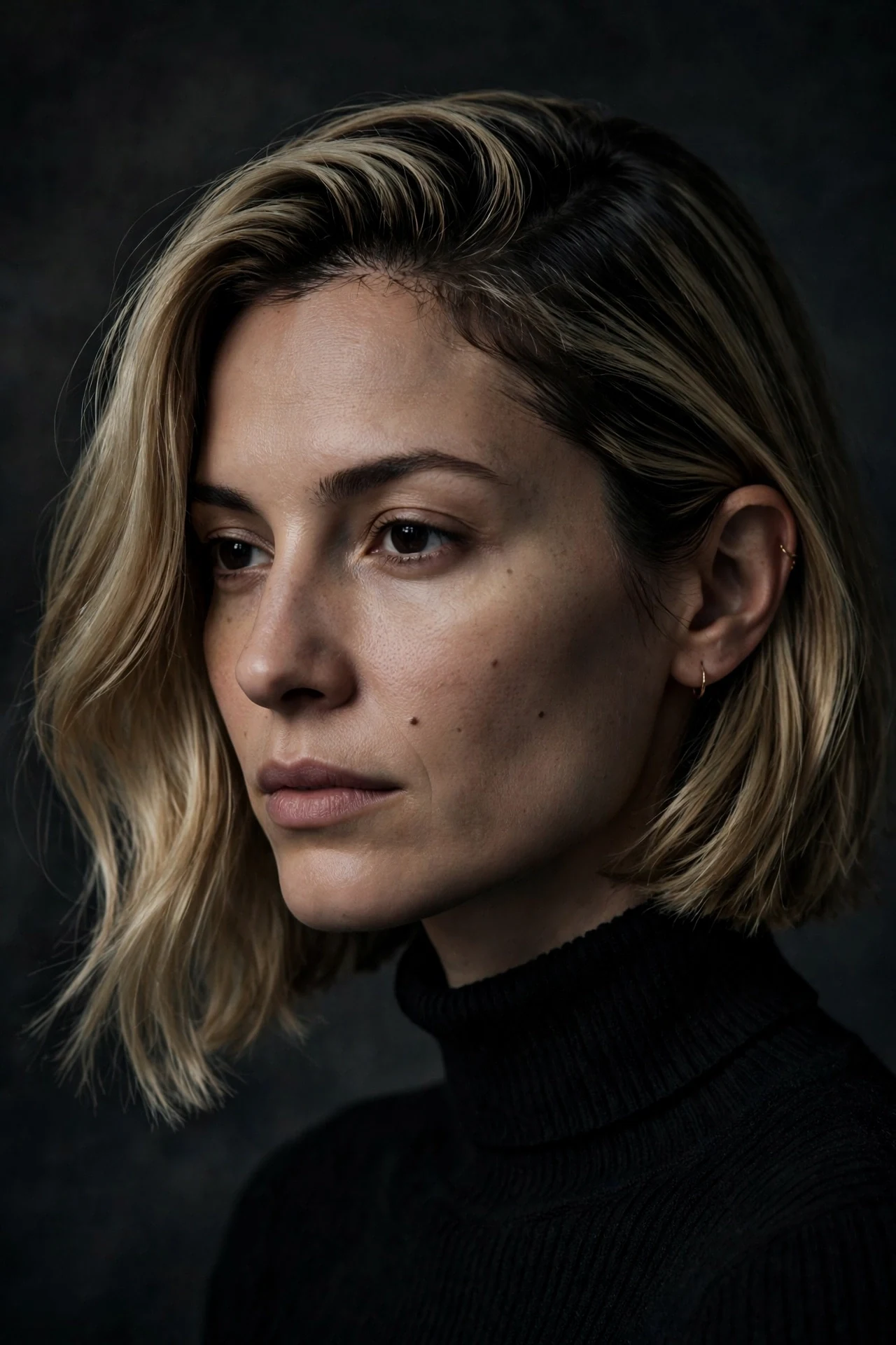 Long french bob styled with a deep side part and tucked behind one ear