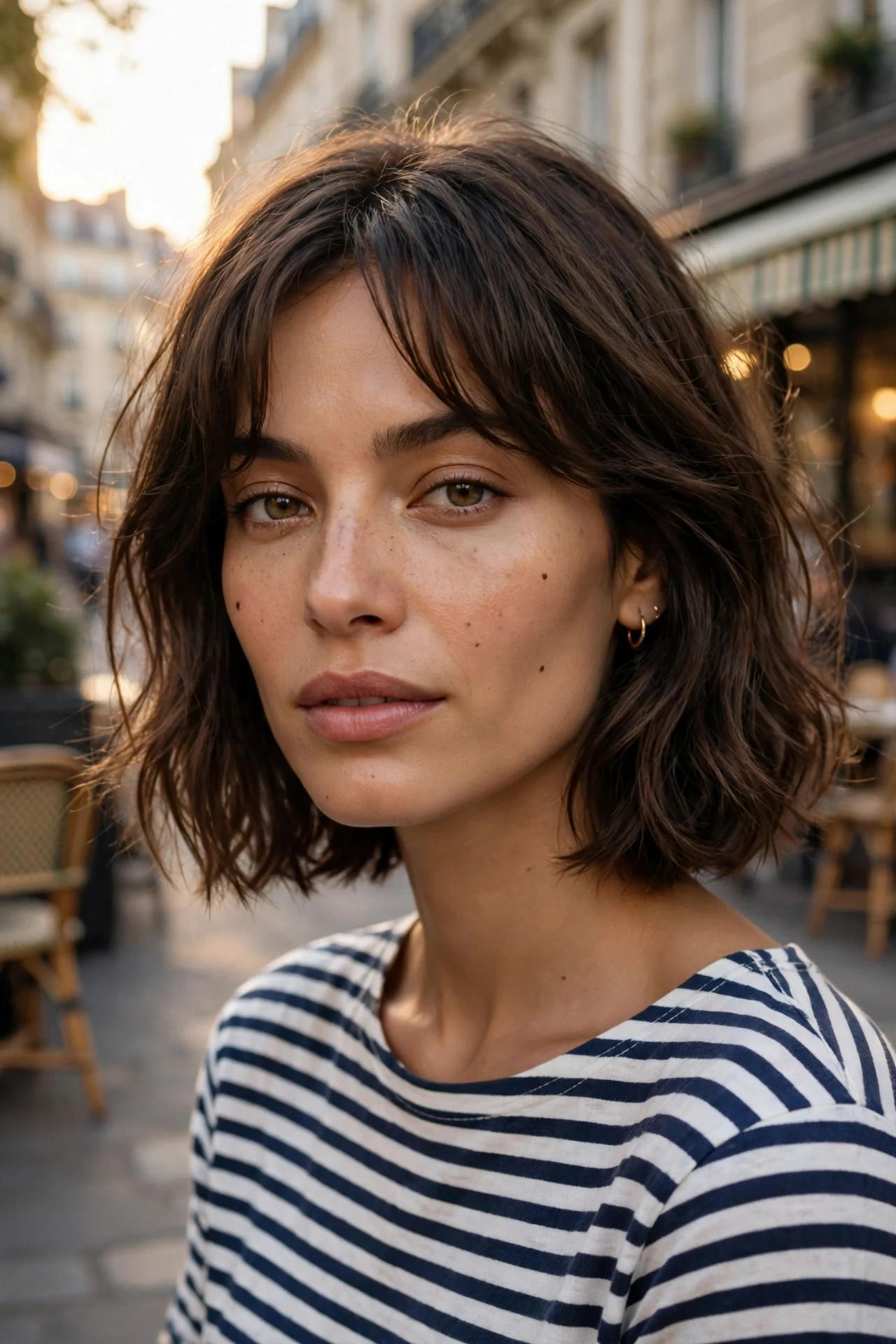 Woman with a long french bob haircut with curtain bangs, collarbone length, Parisian street style