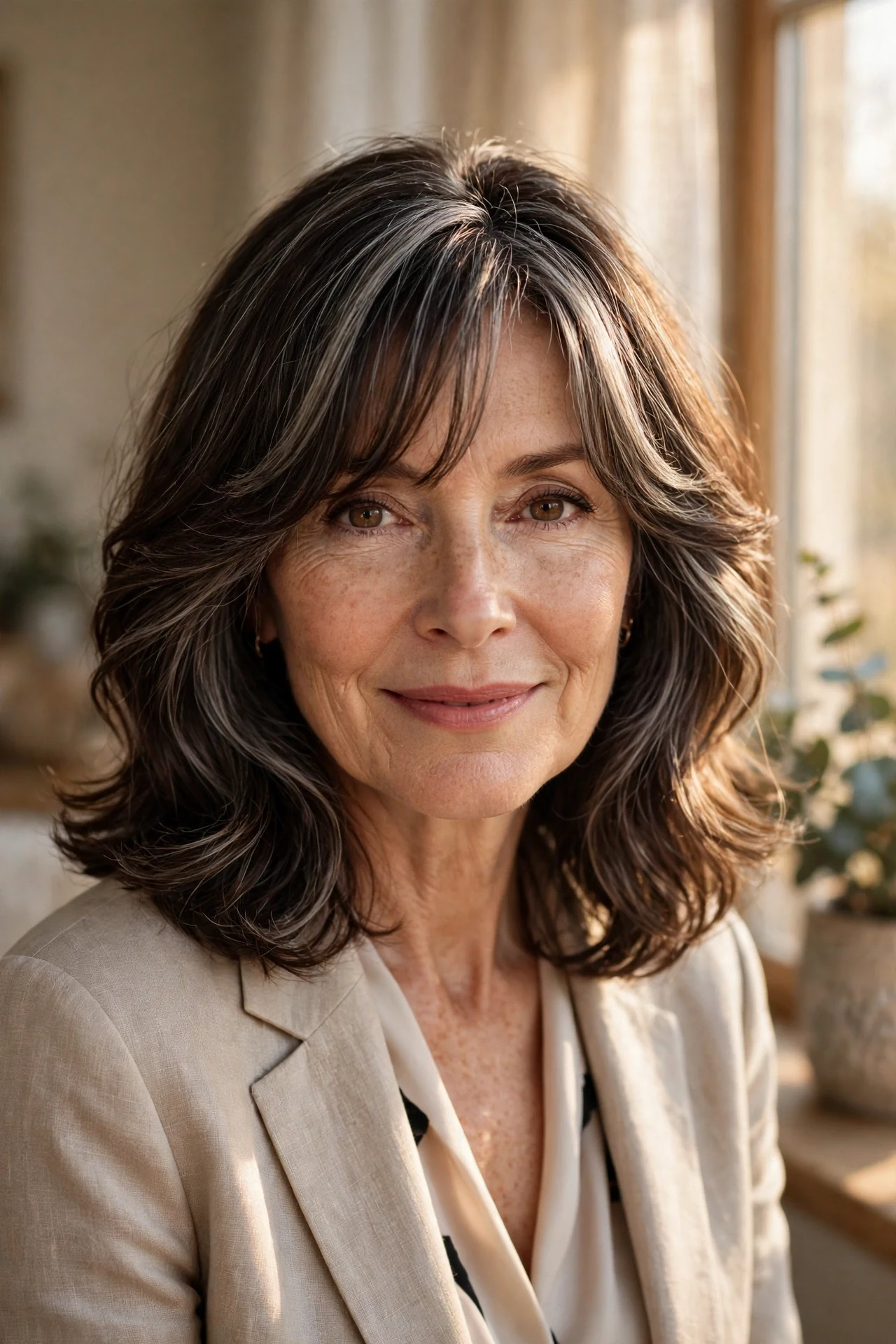 Elegant long french bob for women over 50 with soft waves and face-framing shape