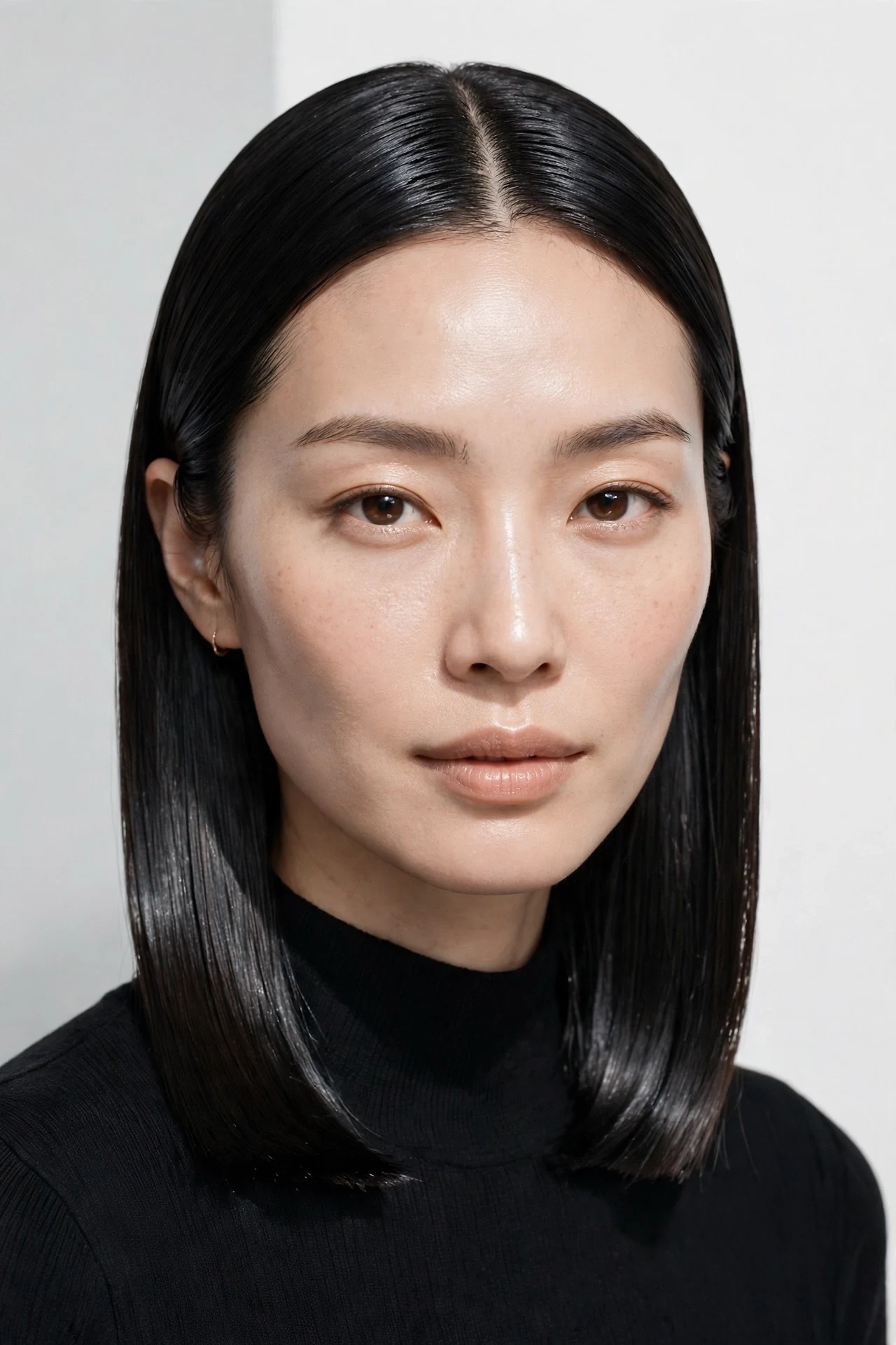 Sleek straight long french bob with glossy finish and middle part