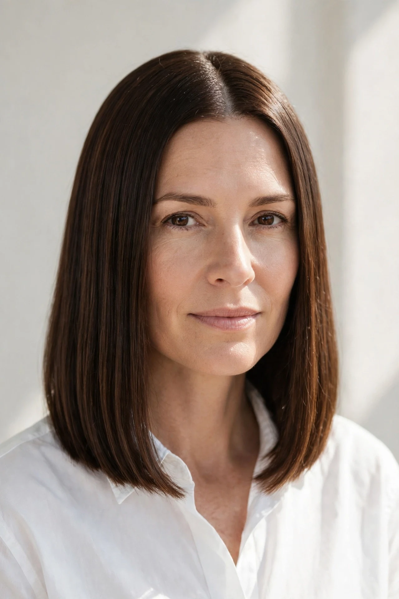 Center part blunt long bob with glossy straight hair