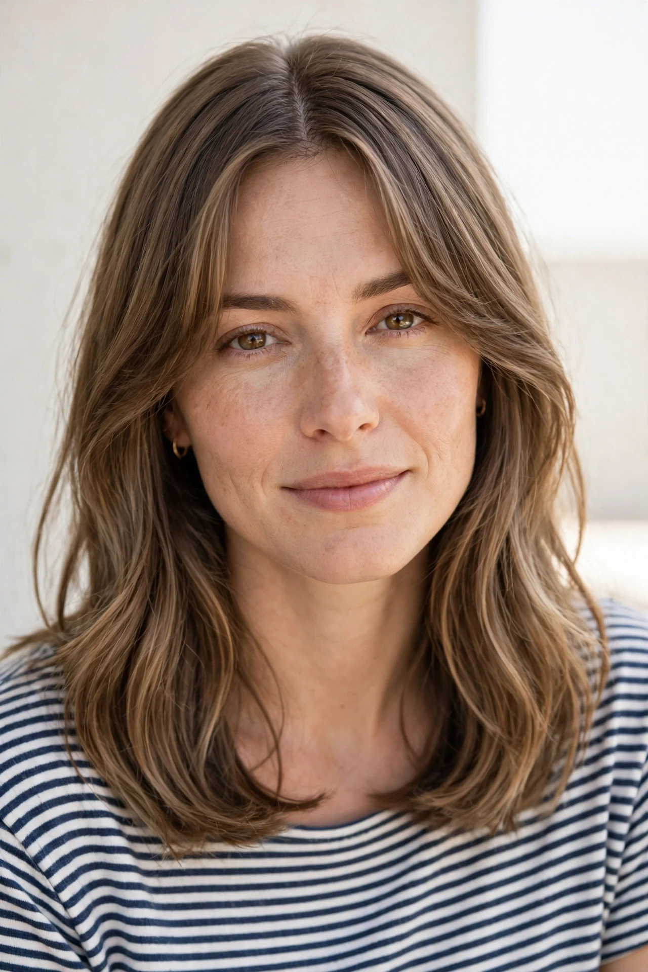 Long bob with easy curtain bangs that blend into face framing layers