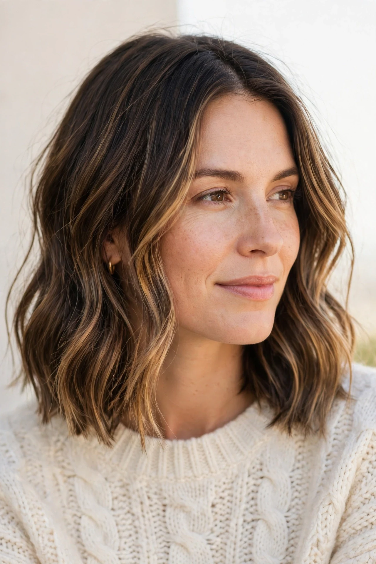 Low maintenance balayage long bob with soft grow out friendly color