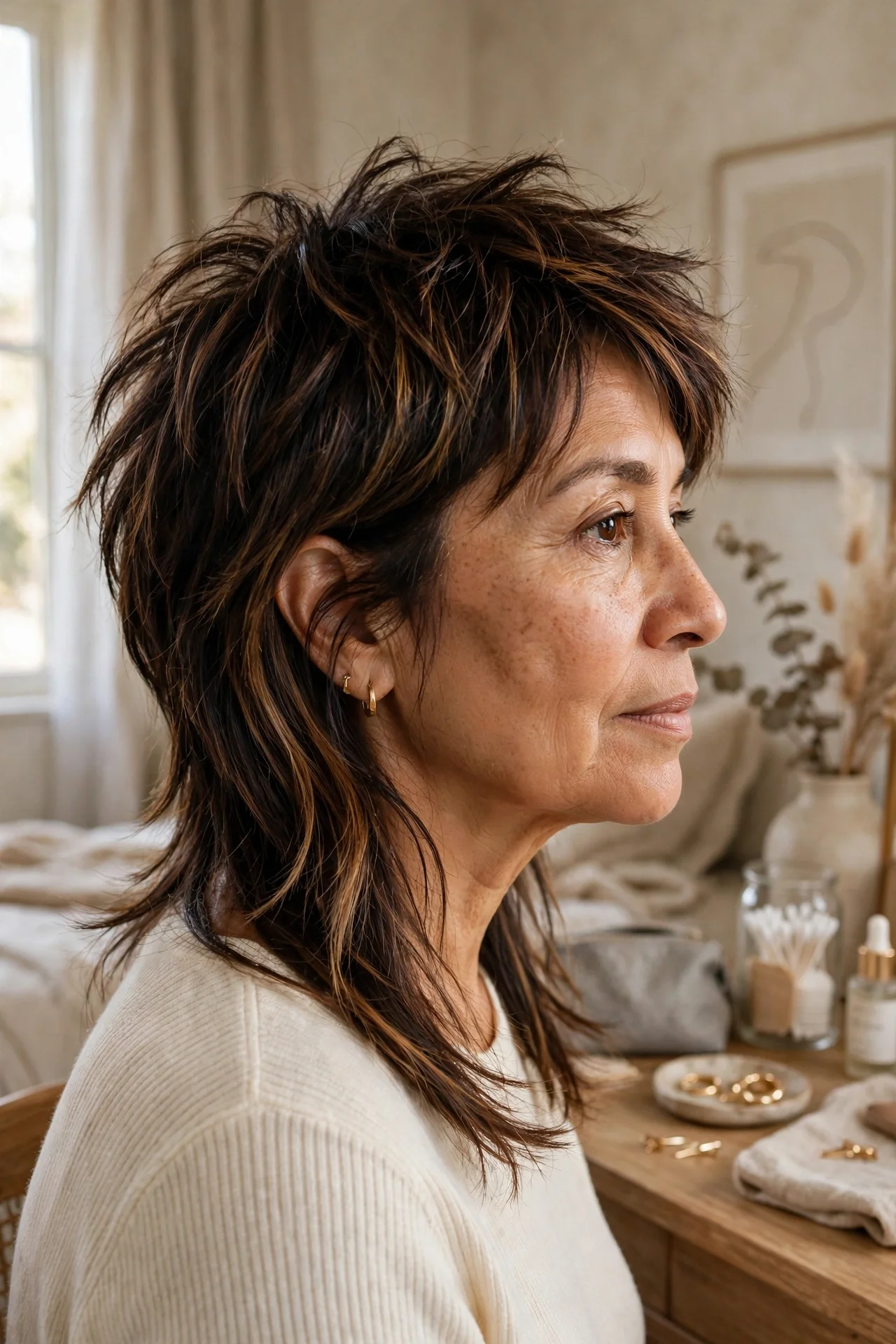 Woman in her 50s with a long collarbone-skimming bixie