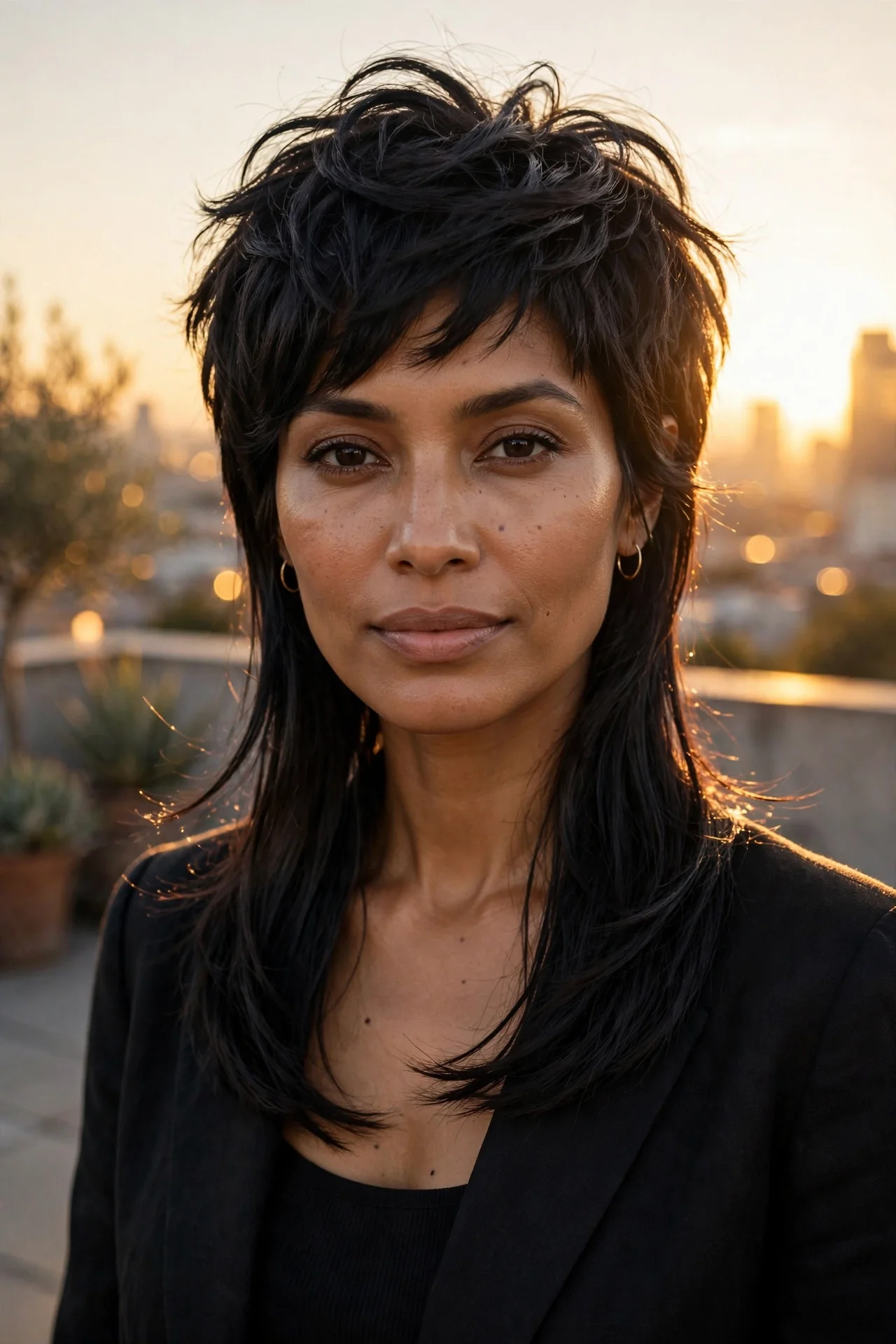 Long bixie cut with collarbone-skimming layers on a woman with dark hair