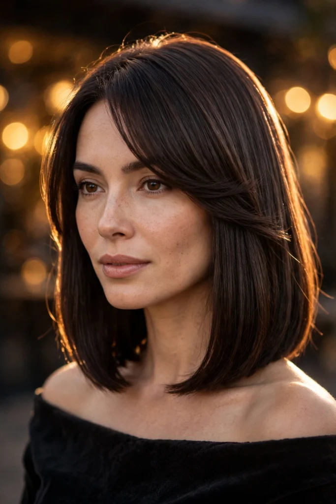 Long bob haircut with long bangs on dark brown sleek hair