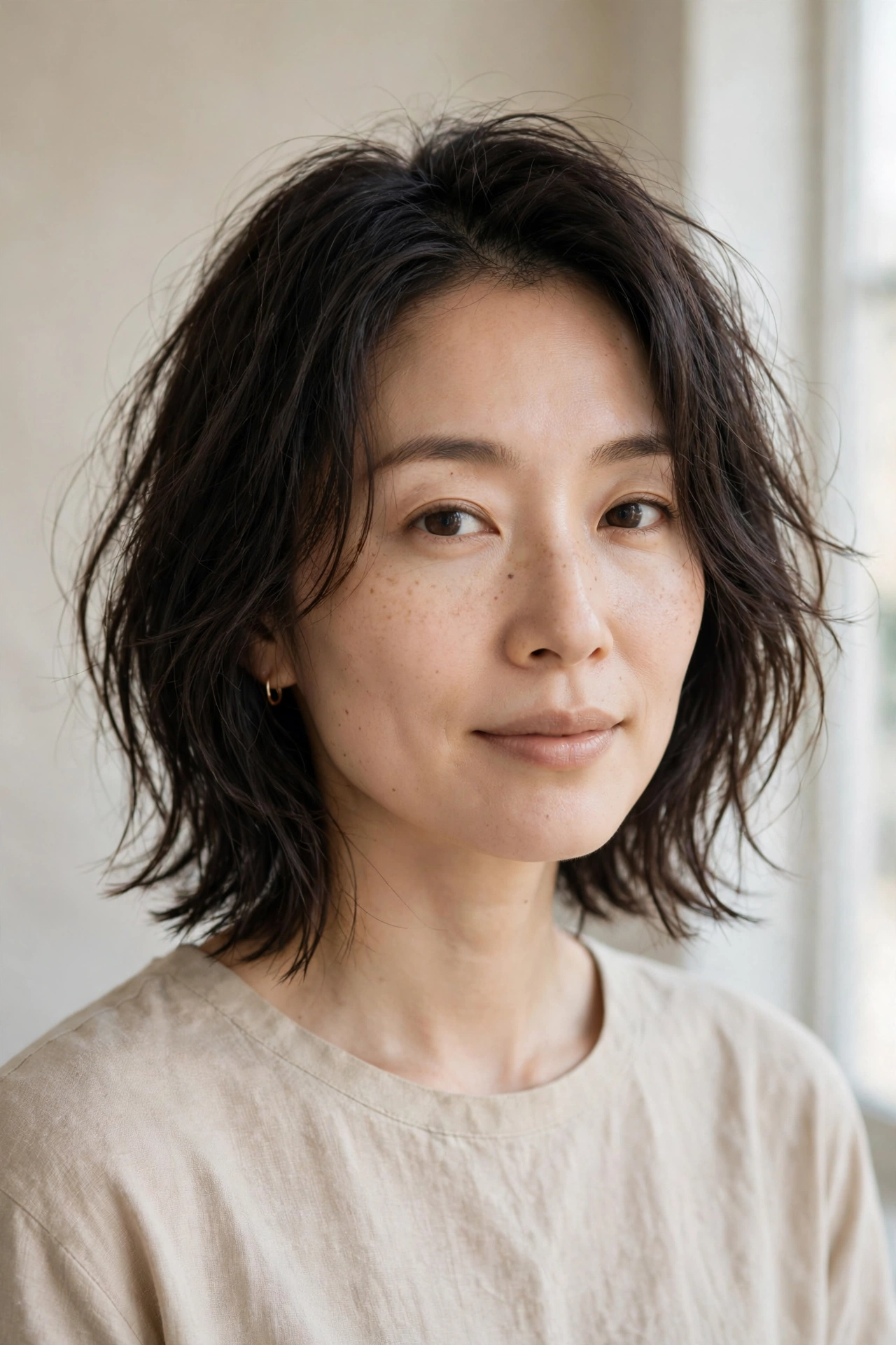 Air-dried undone long choppy bob on fine hair with natural soft texture