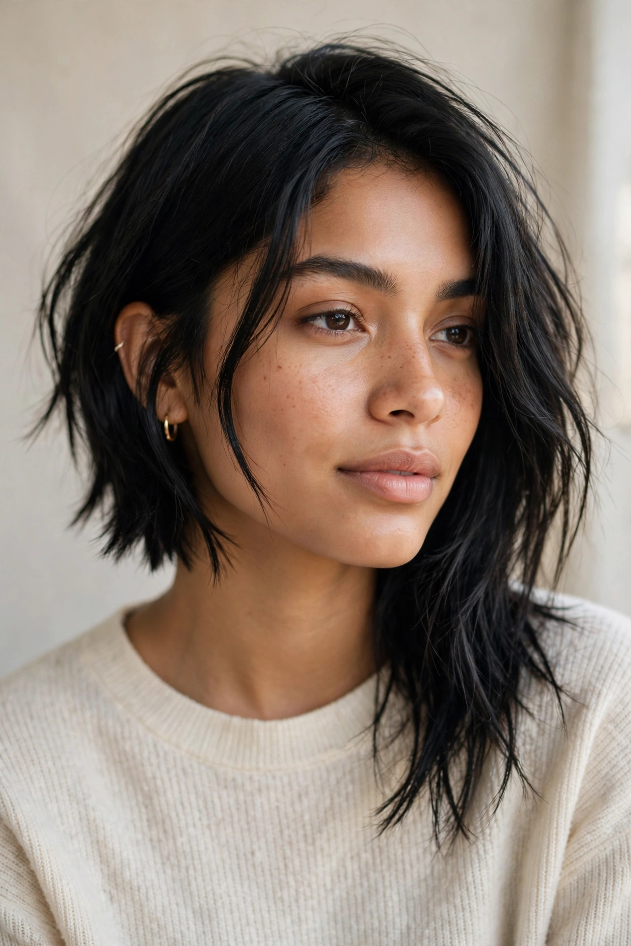Asymmetrical long choppy bob with one side longer for fine hair