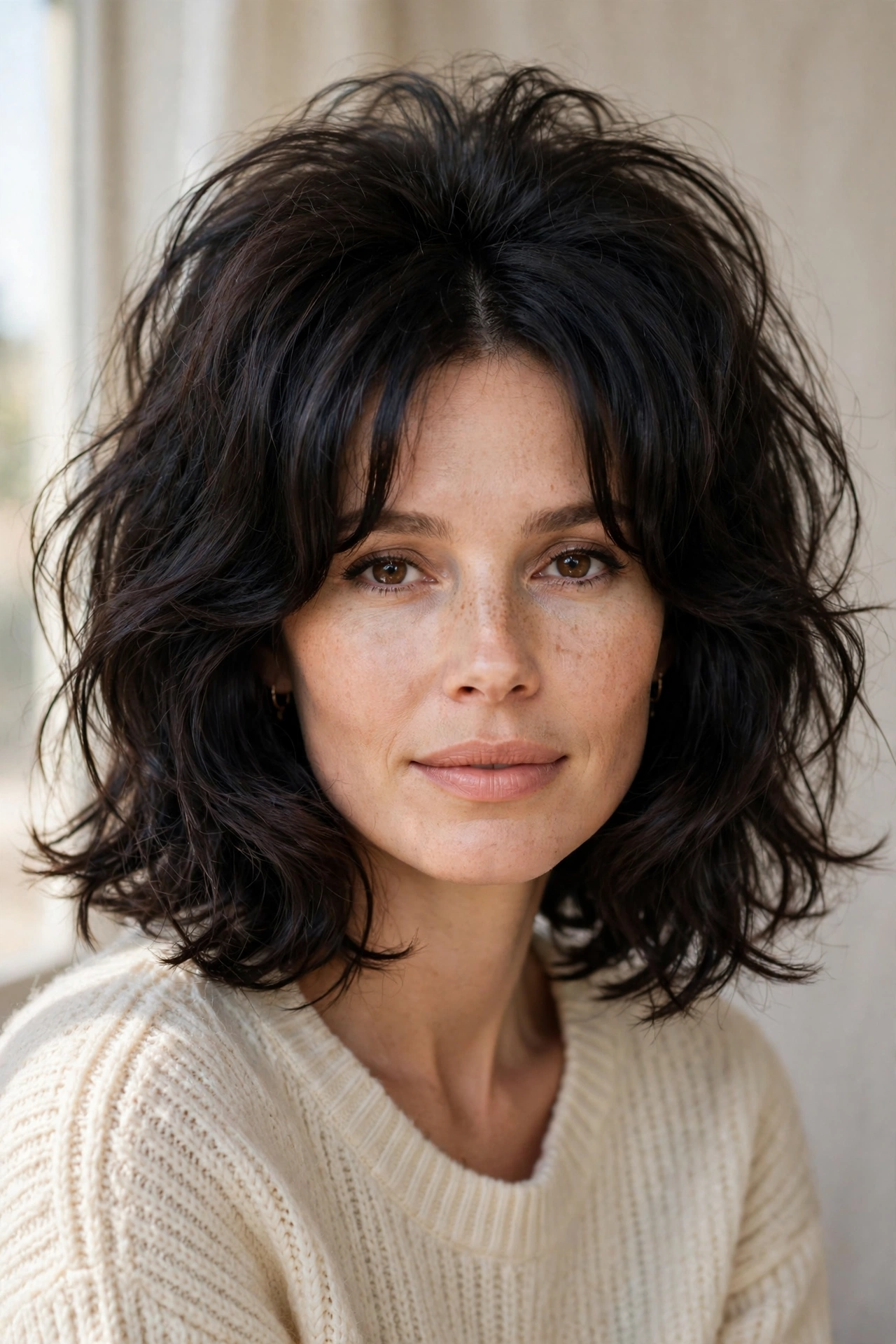 Bardot-inspired curtain fringe with a choppy long bob for fine hair and voluminous texture