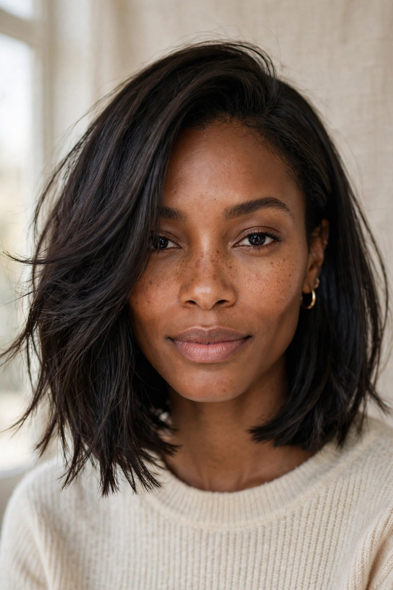 Blunt-edge long choppy bob with a sharp perimeter and interior texture for fine hair