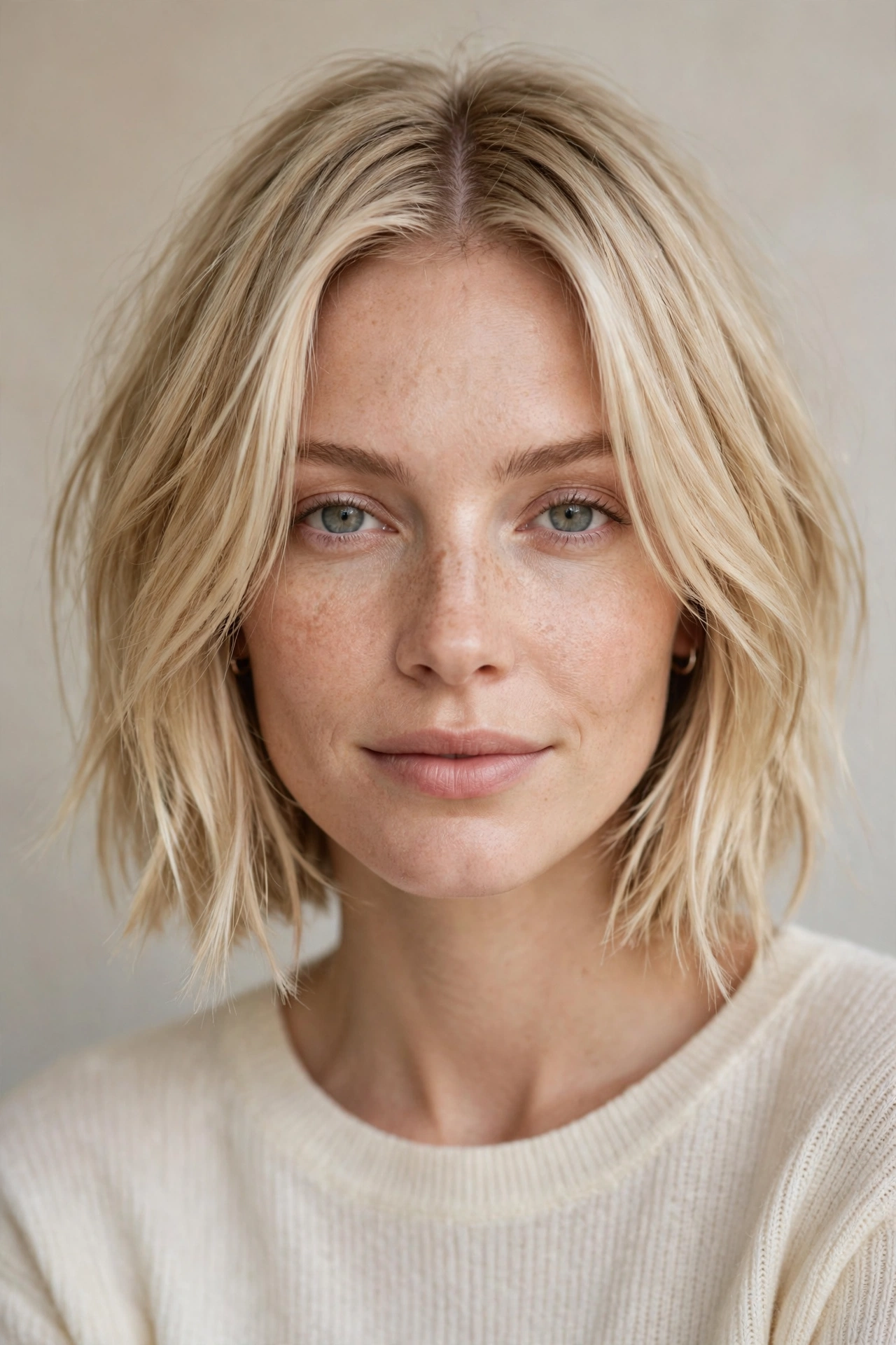 Center-parted long choppy bob for fine hair with soft face-skimming layers