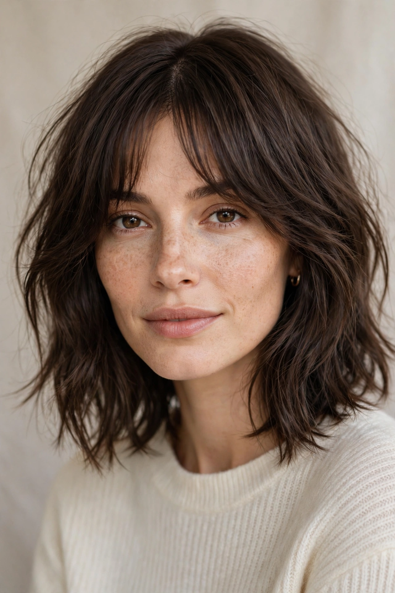 Classic curtain fringe paired with a long choppy bob lob for fine hair