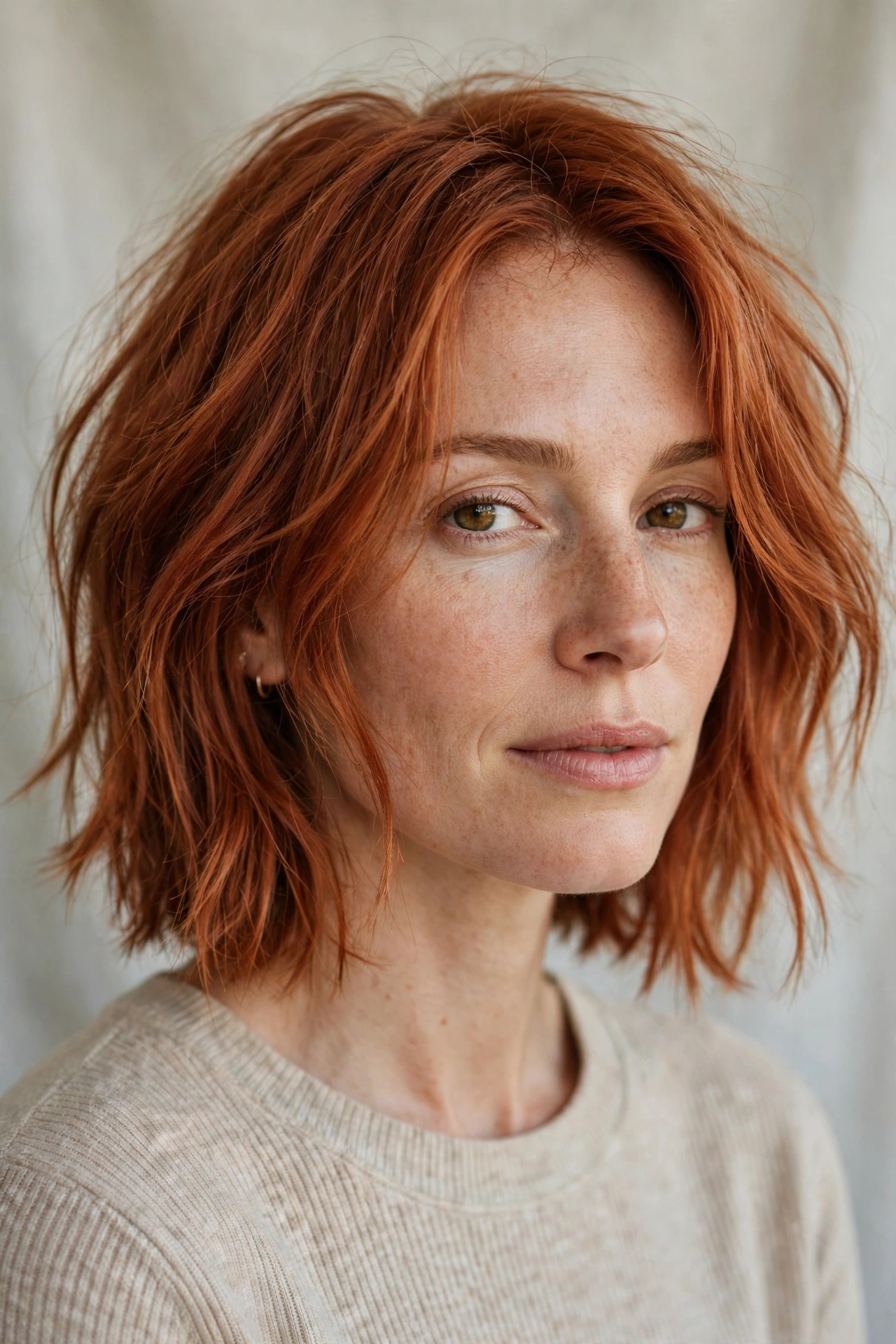 Copper-colored long choppy bob for fine hair with lived-in texture and warm dimension
