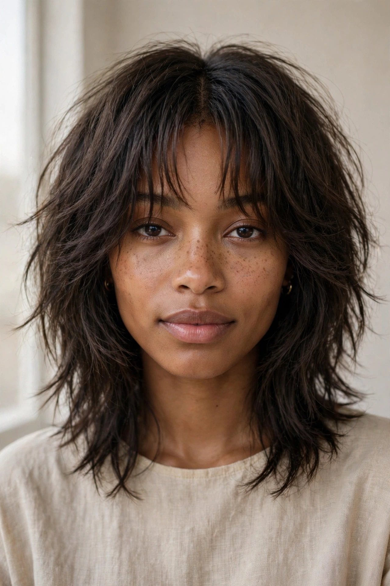 Curtain bangs blended into a long choppy shag lob haircut for fine hair