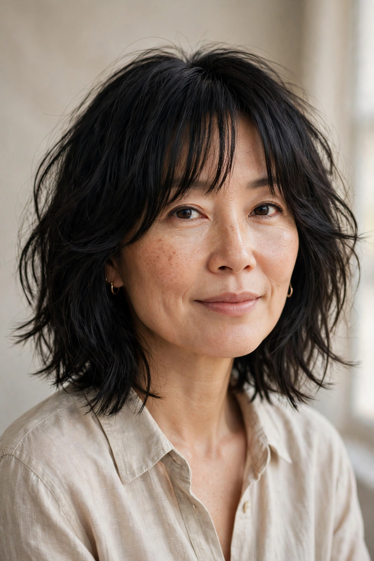 Grown-out curtain fringe blended into a long choppy bob lob for fine hair