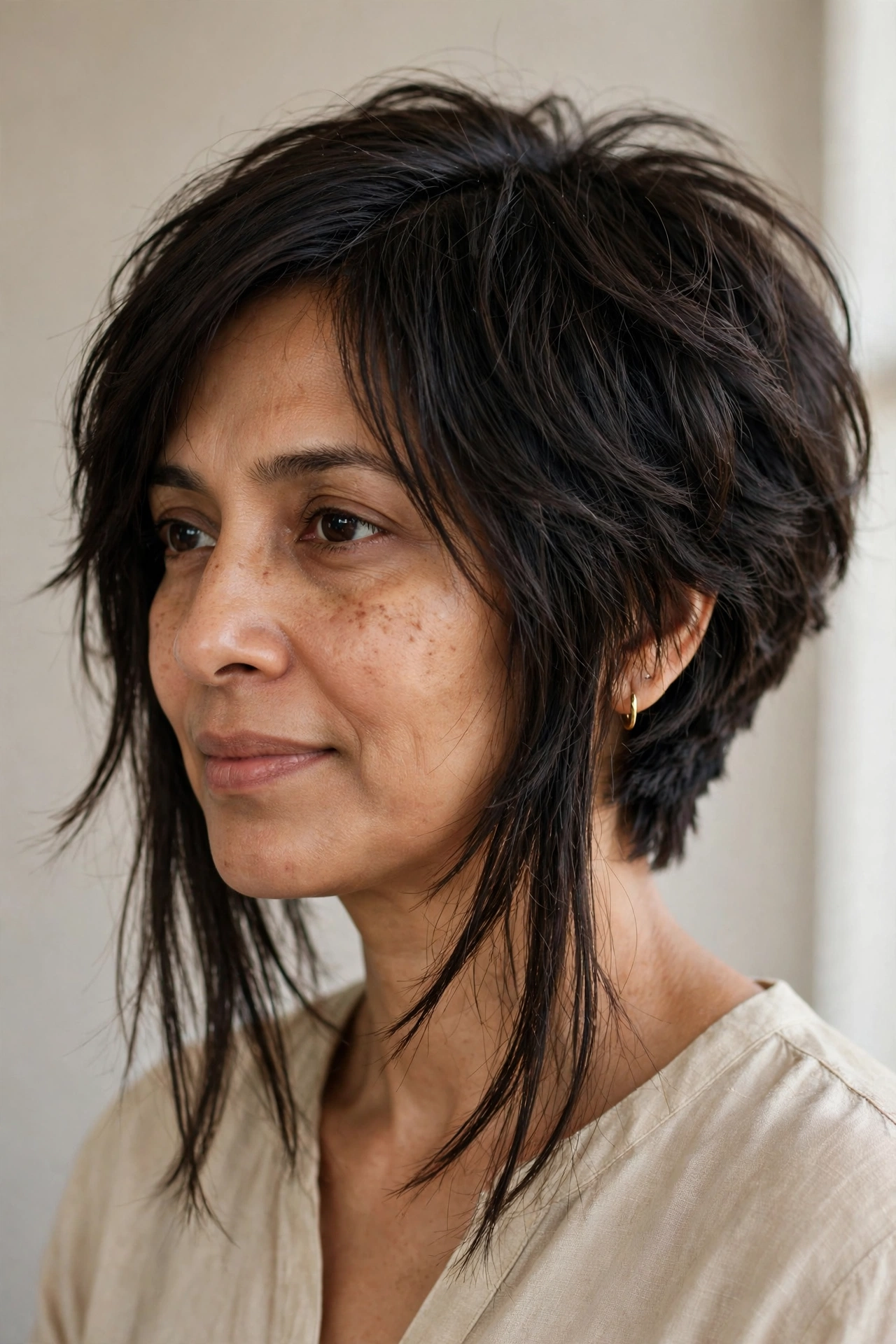 Inverted long choppy bob with stacked volume at the nape for fine hair