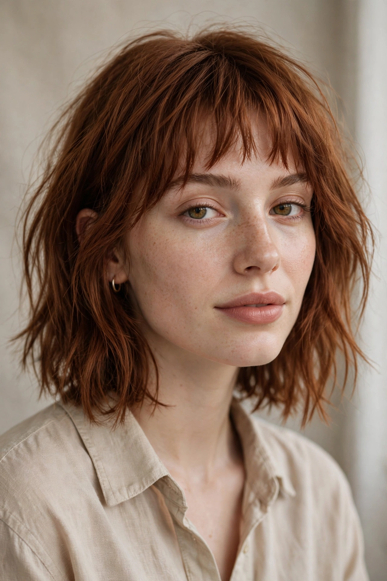 Micro curtain bangs with a choppy long bob haircut for fine hair