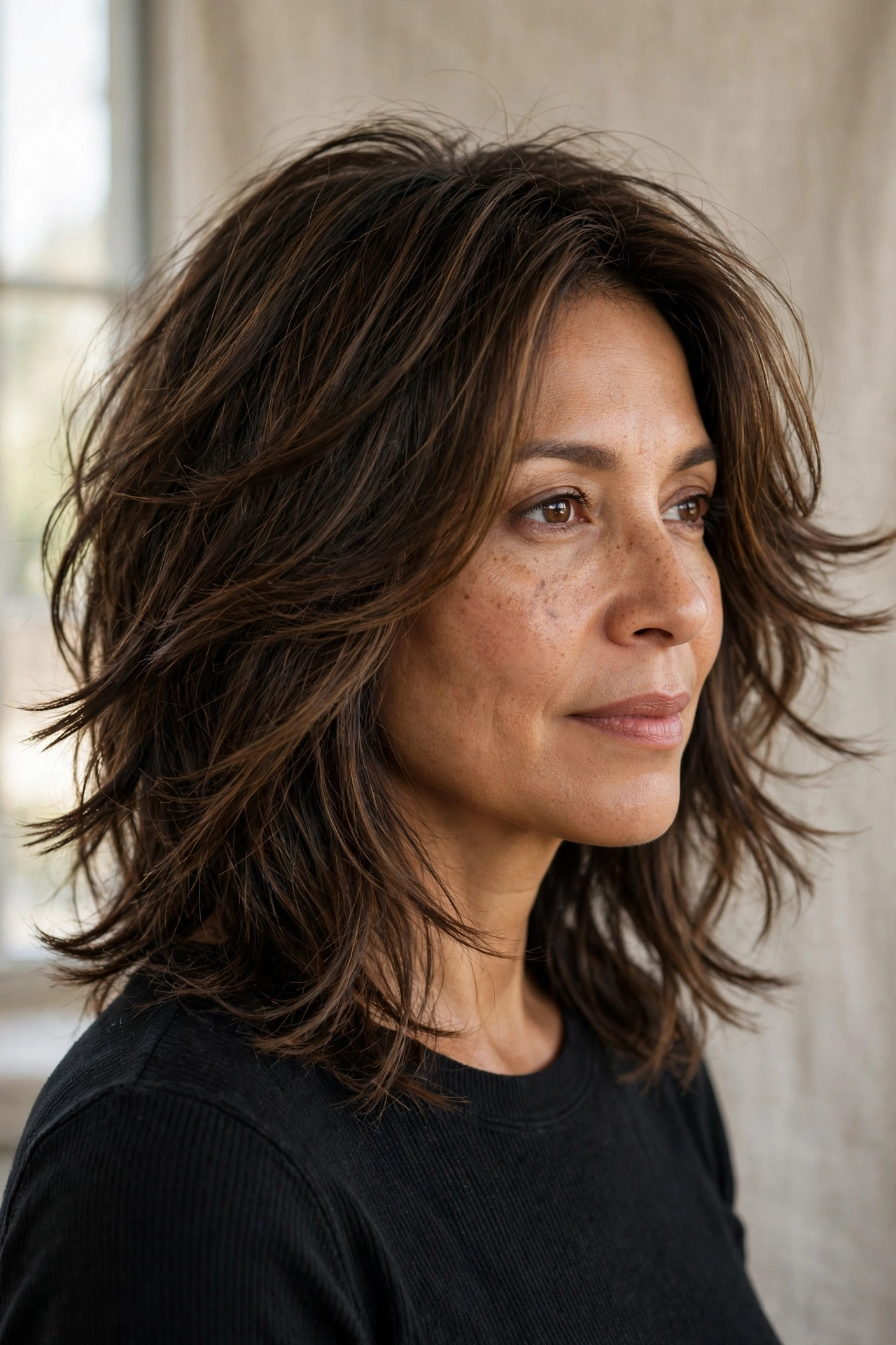 Long choppy bob with razored feathered ends in a shag lob style for fine hair