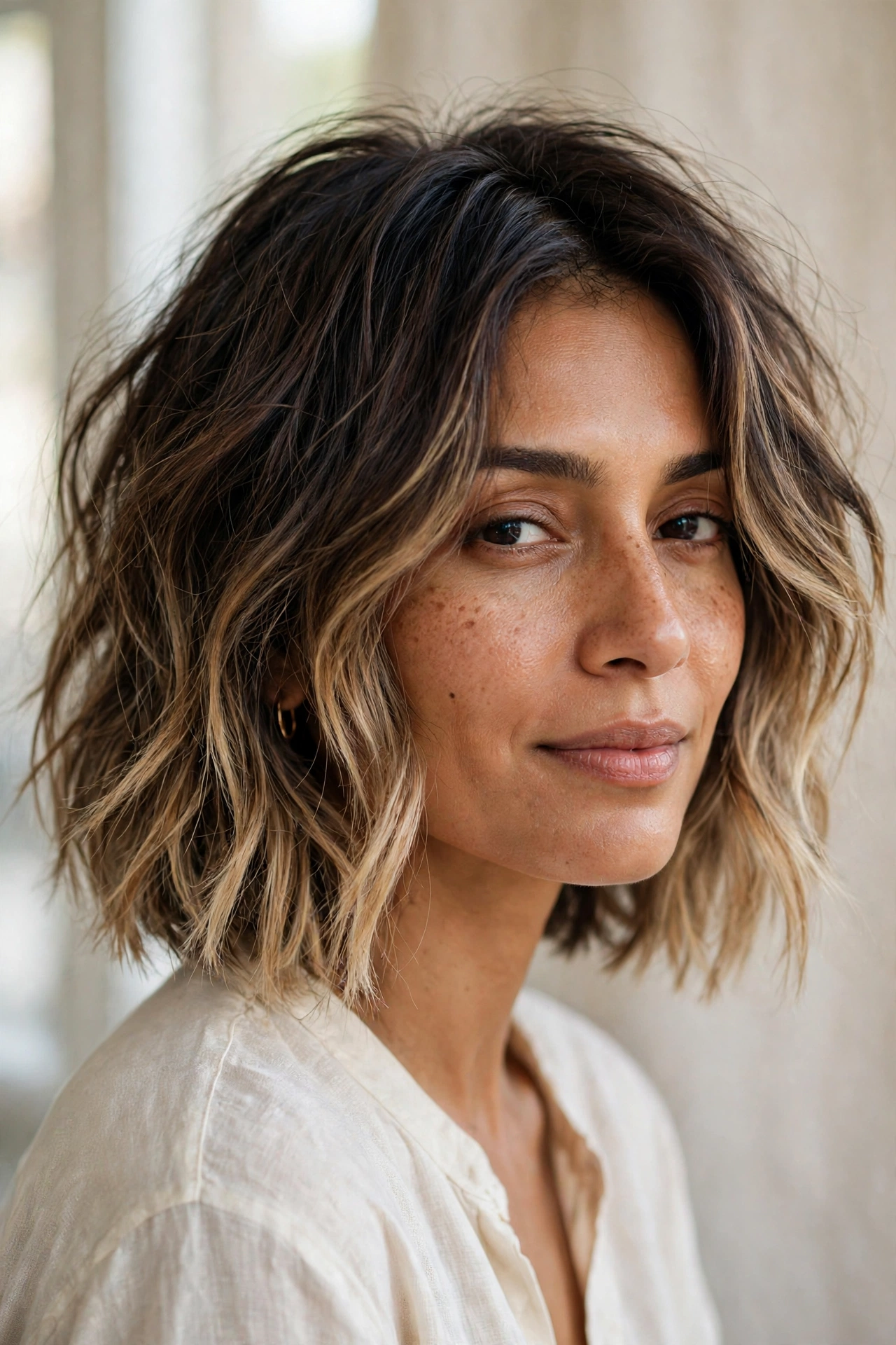 Long choppy bob with root-smudged color for fine hair showing soft depth at the roots