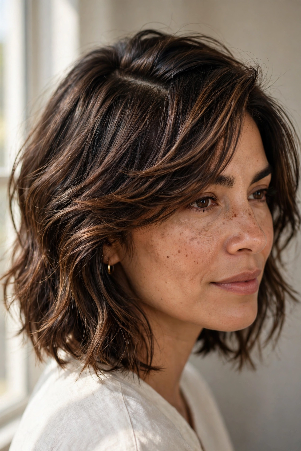 Side-swept curtain fringe with a long choppy bob lob adding volume for fine hair