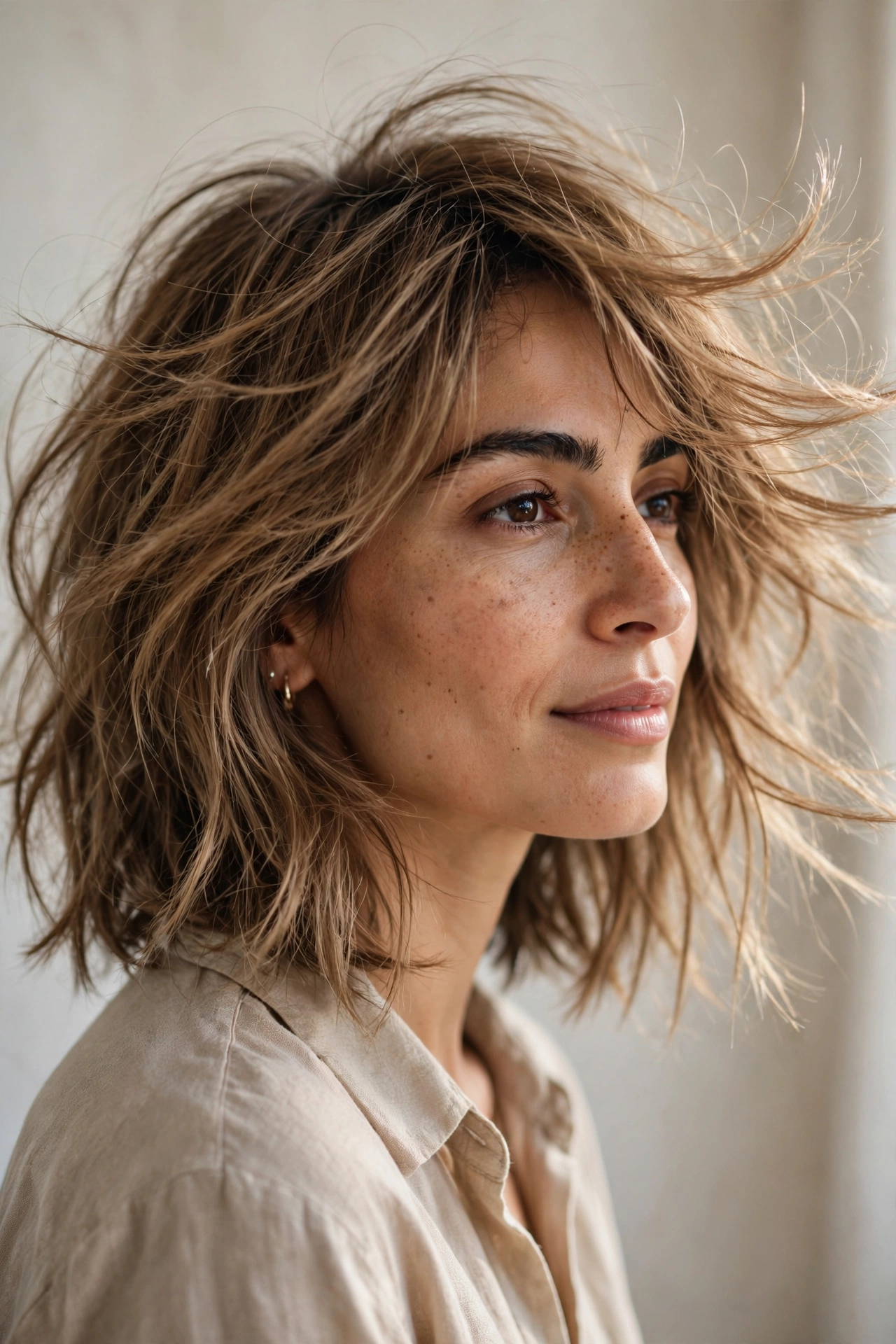 Wispy feathered long choppy bob shag lob haircut on fine hair with soft movement