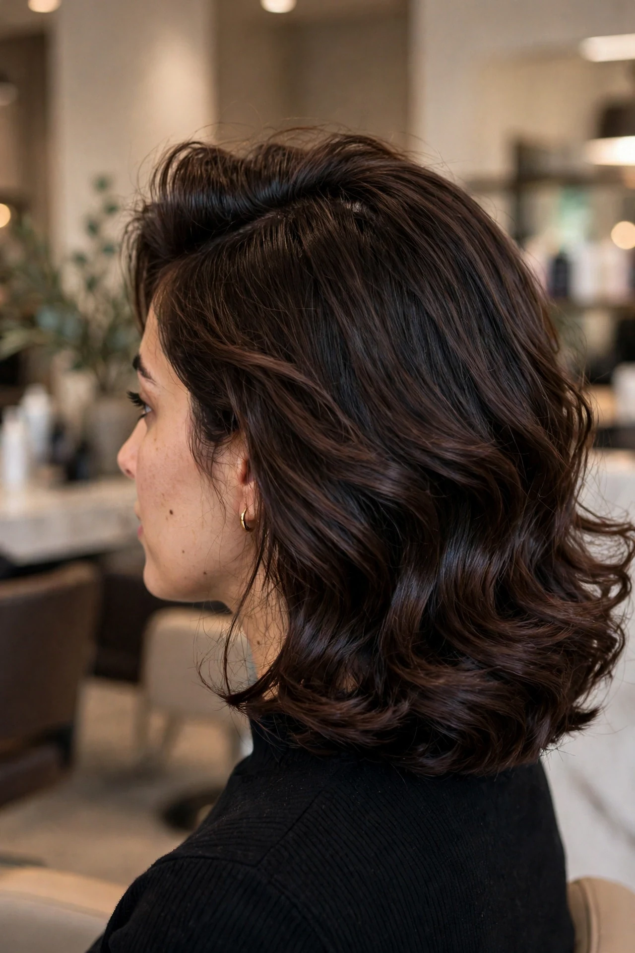 Bouncy salon blowout on a long graduated bob, graduation layers lifting the crown
