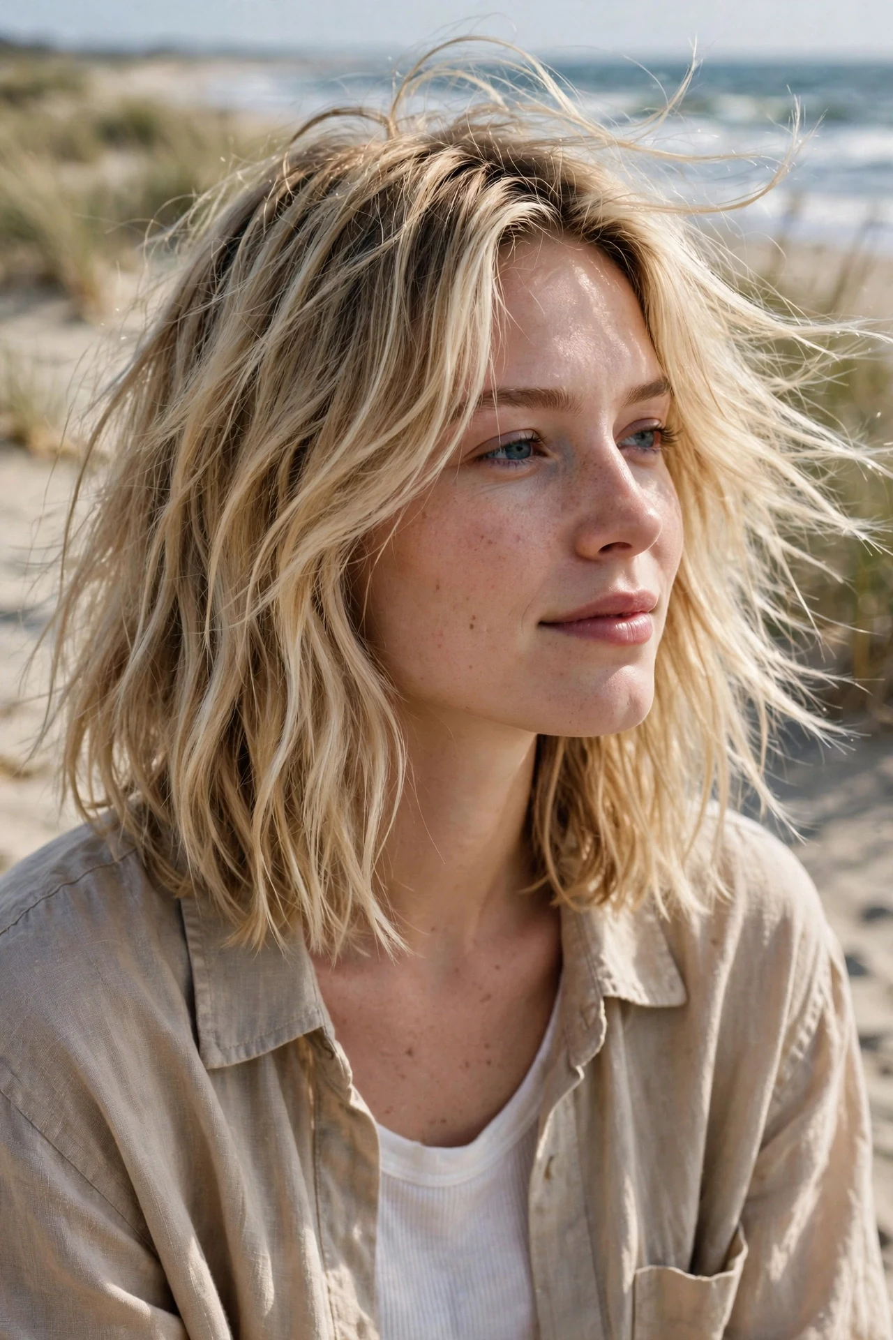 Choppy textured long graduated bob with piecey ends, windswept beach look