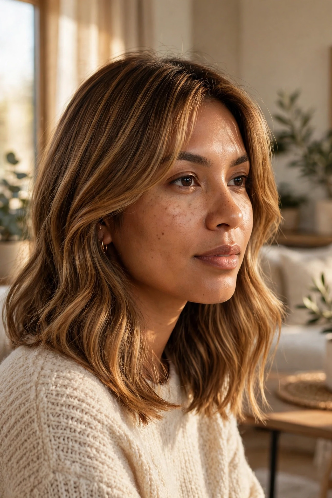 Long graduated bob with soft curtain bangs and caramel balayage, three-quarter view