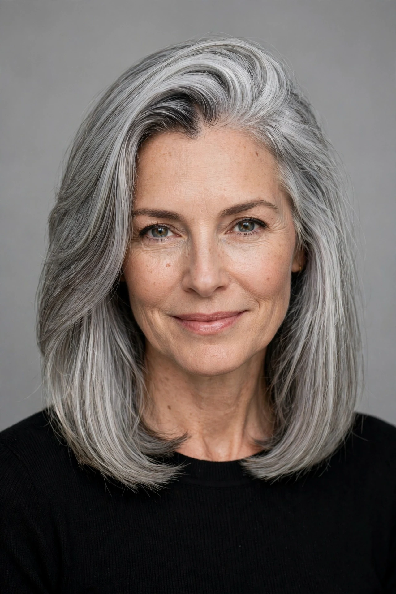 Long graduated bob with deep side part and root lift on elegant silver hair
