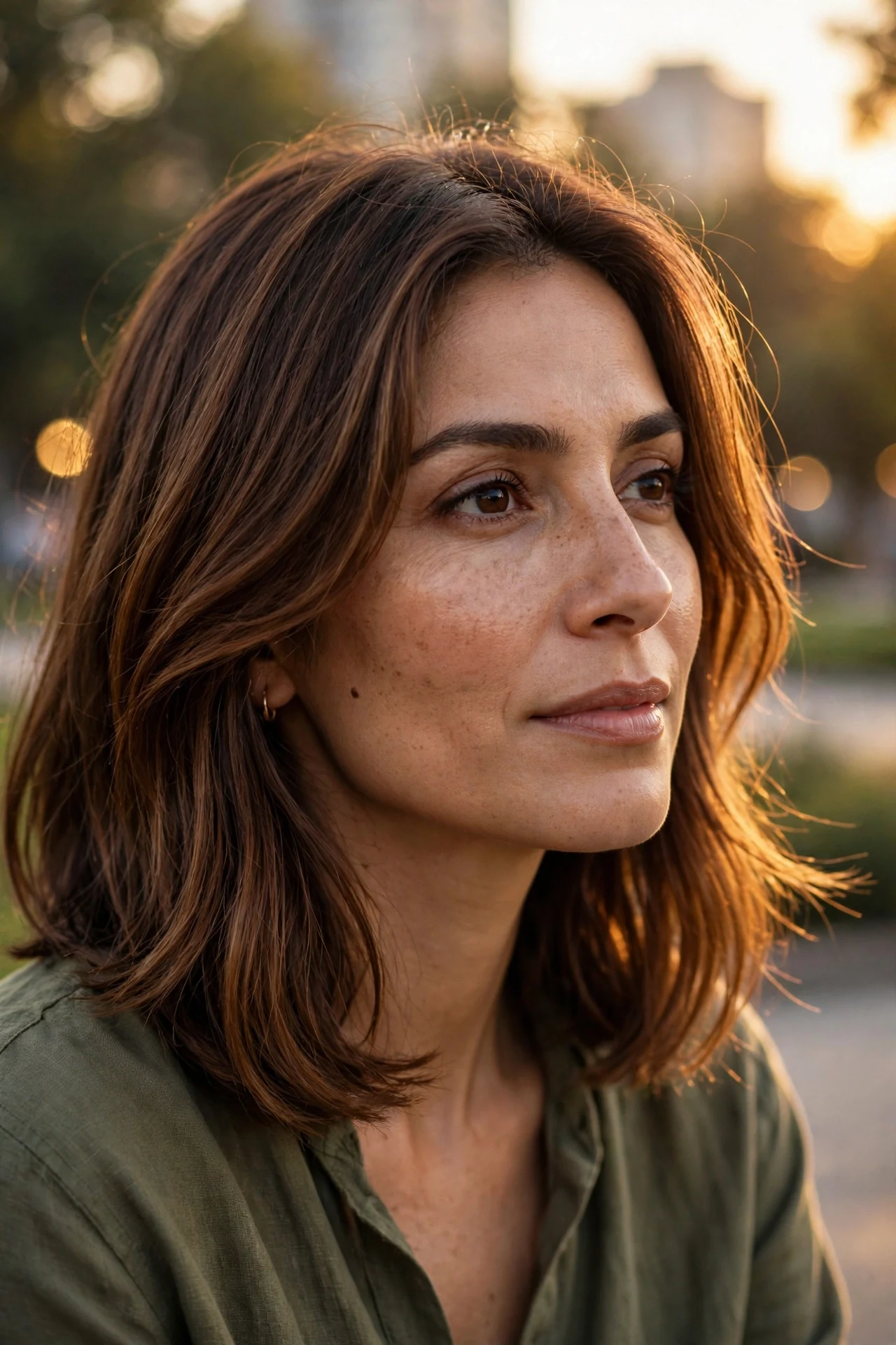 Long graduated bob with face-framing layers in warm chestnut brown, golden hour light