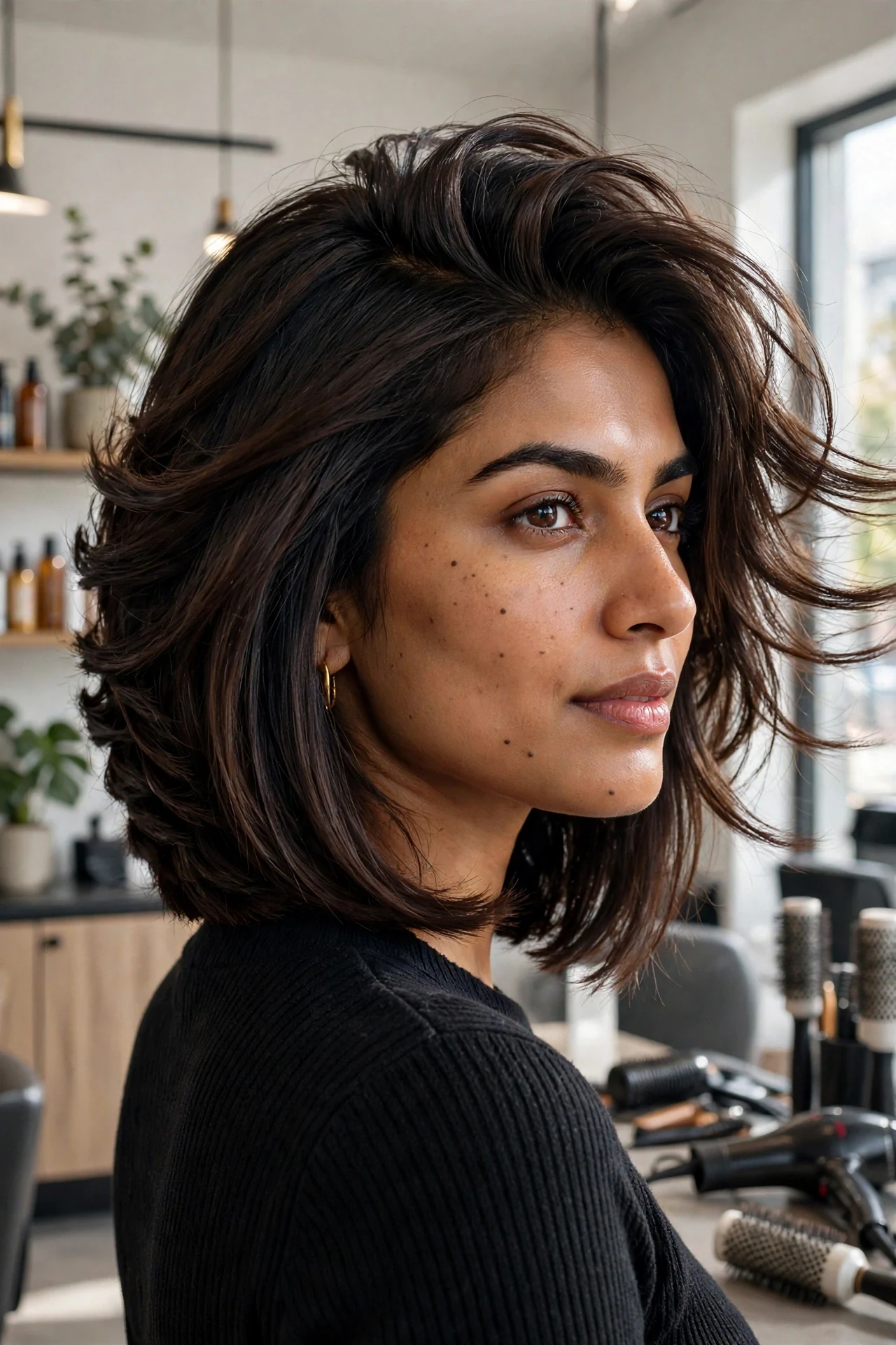 Dramatic long graduated bob fine hair look with sky-high crown volume and collarbone-grazing length, glossy dark hair, high-contrast salon portrait