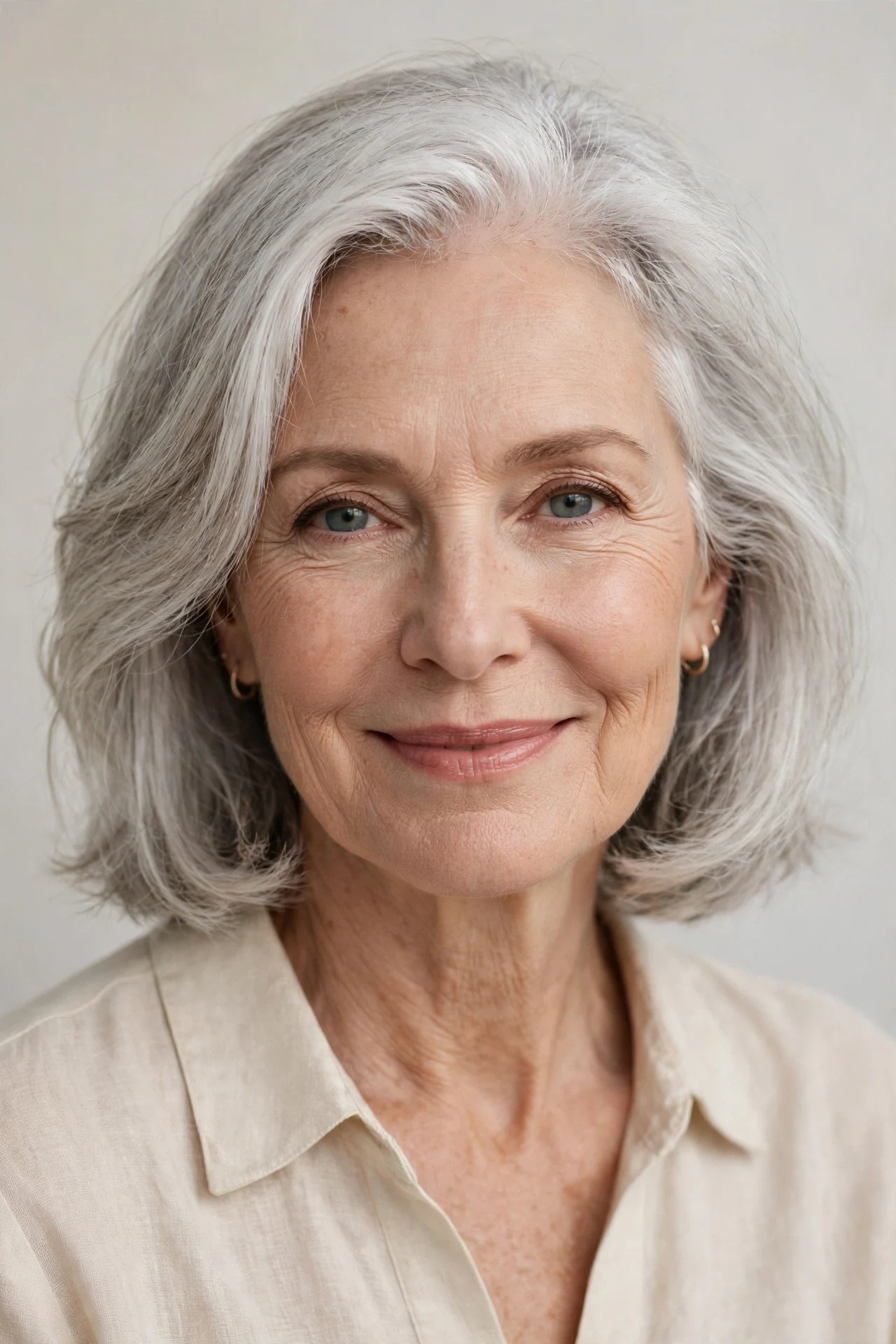 Elegant silver long graduated bob at collarbone length on a woman over 60