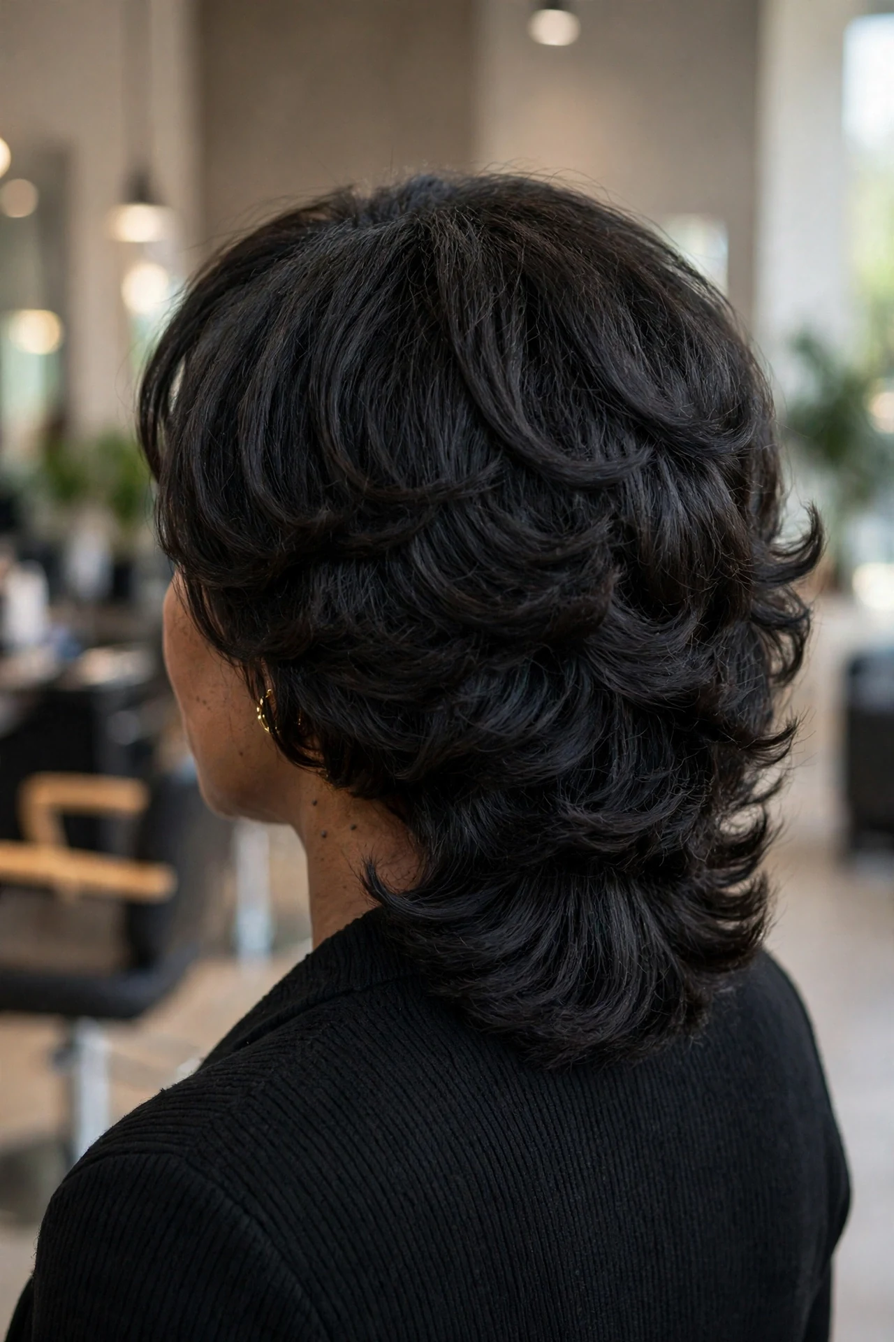 Subtle stacked graduation at the nape of a long bob, back view showing lifted crown