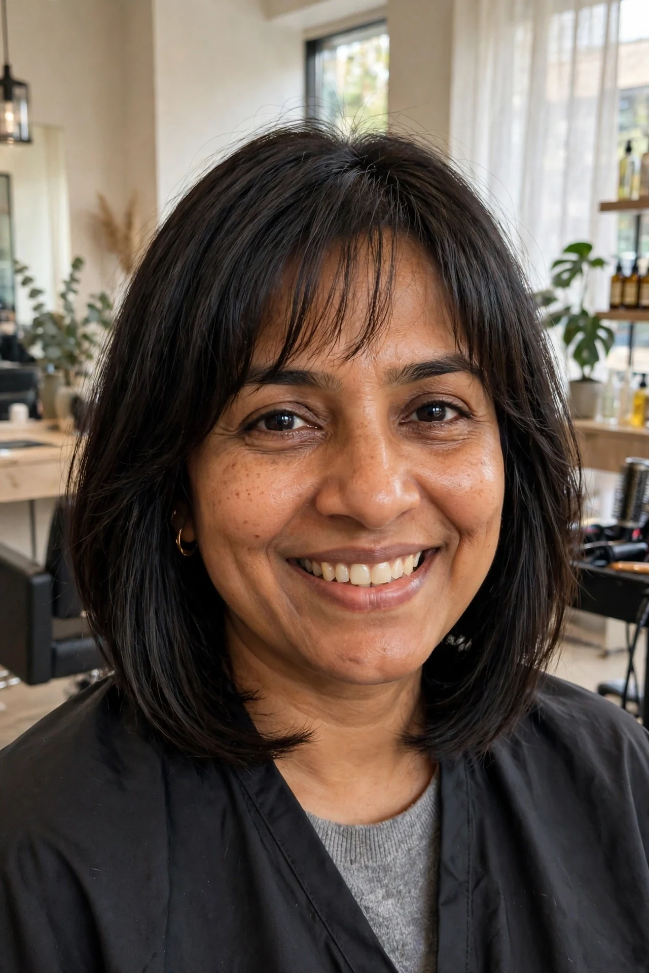 Long graduated bob with soft wispy bangs, warm salon portrait