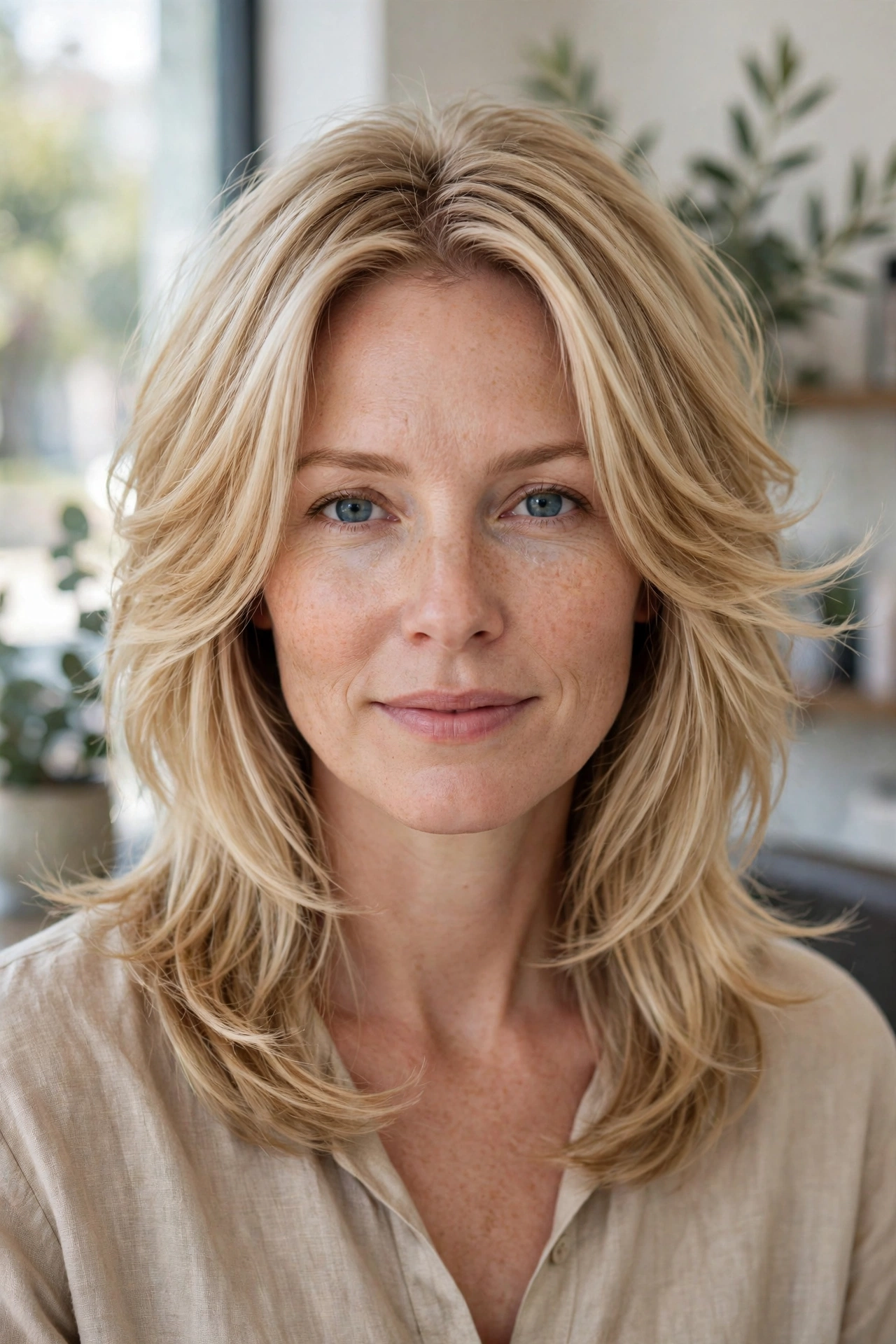 Long graduated bob (lob) on fine hair, front view with soft volume and movement