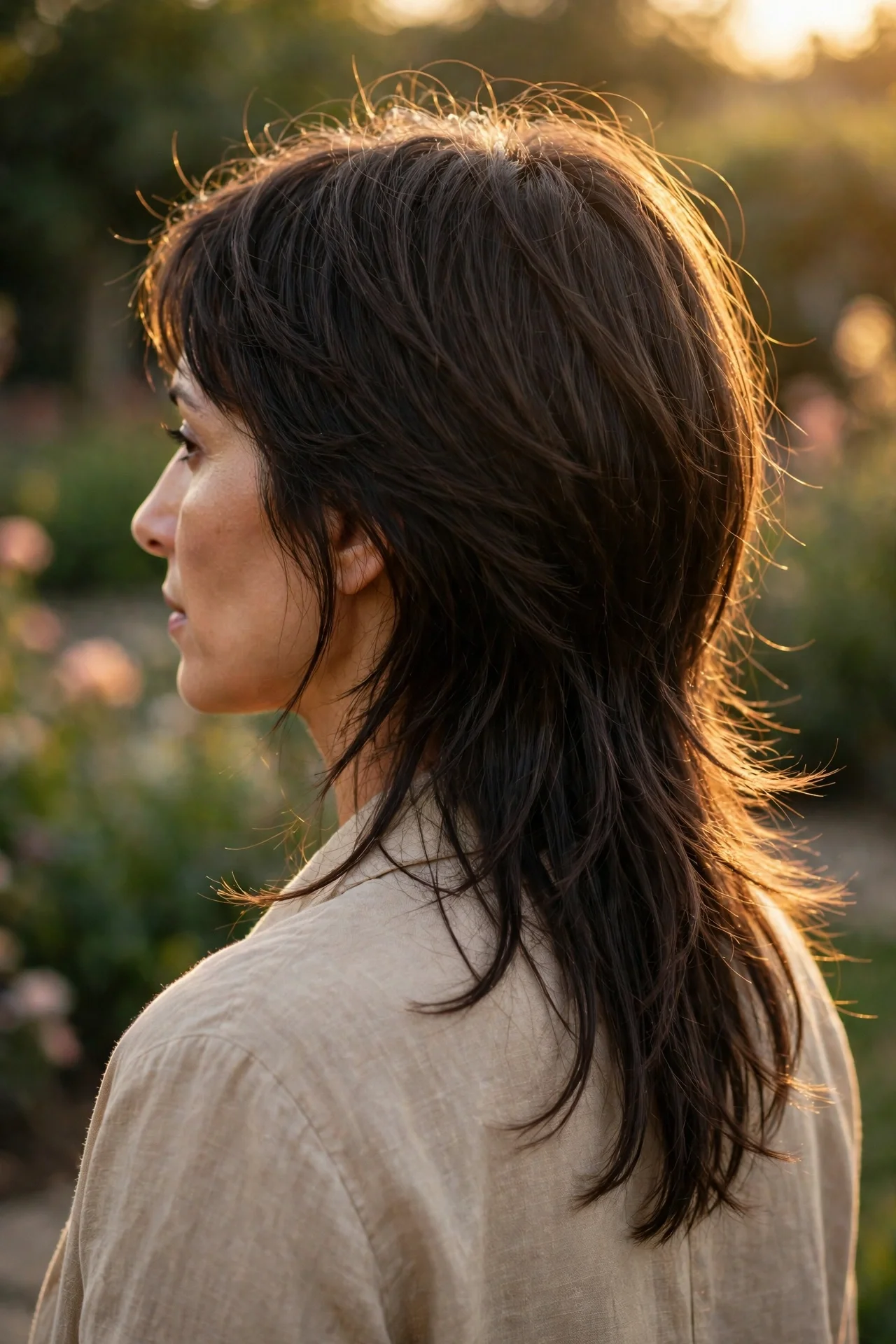 Middle Eastern woman in her 30s with a long fine-hair bixie and softly point-cut ends