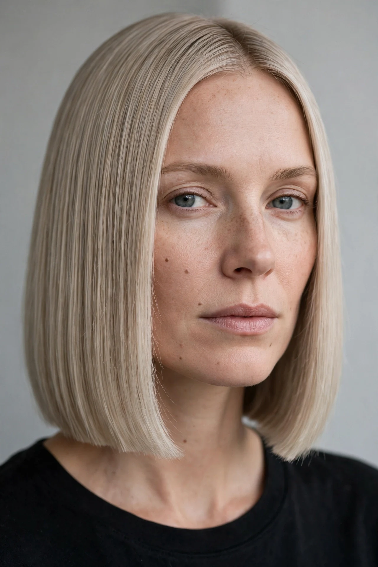 Blunt chin-length bob adding thickness to fine hair