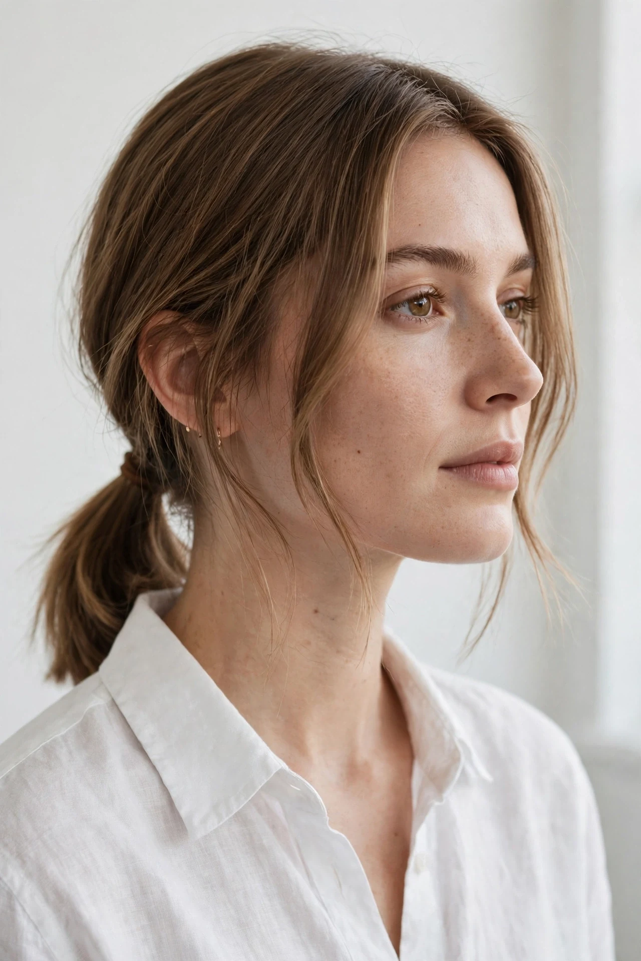 Collarbone lob worn in a neat low ponytail