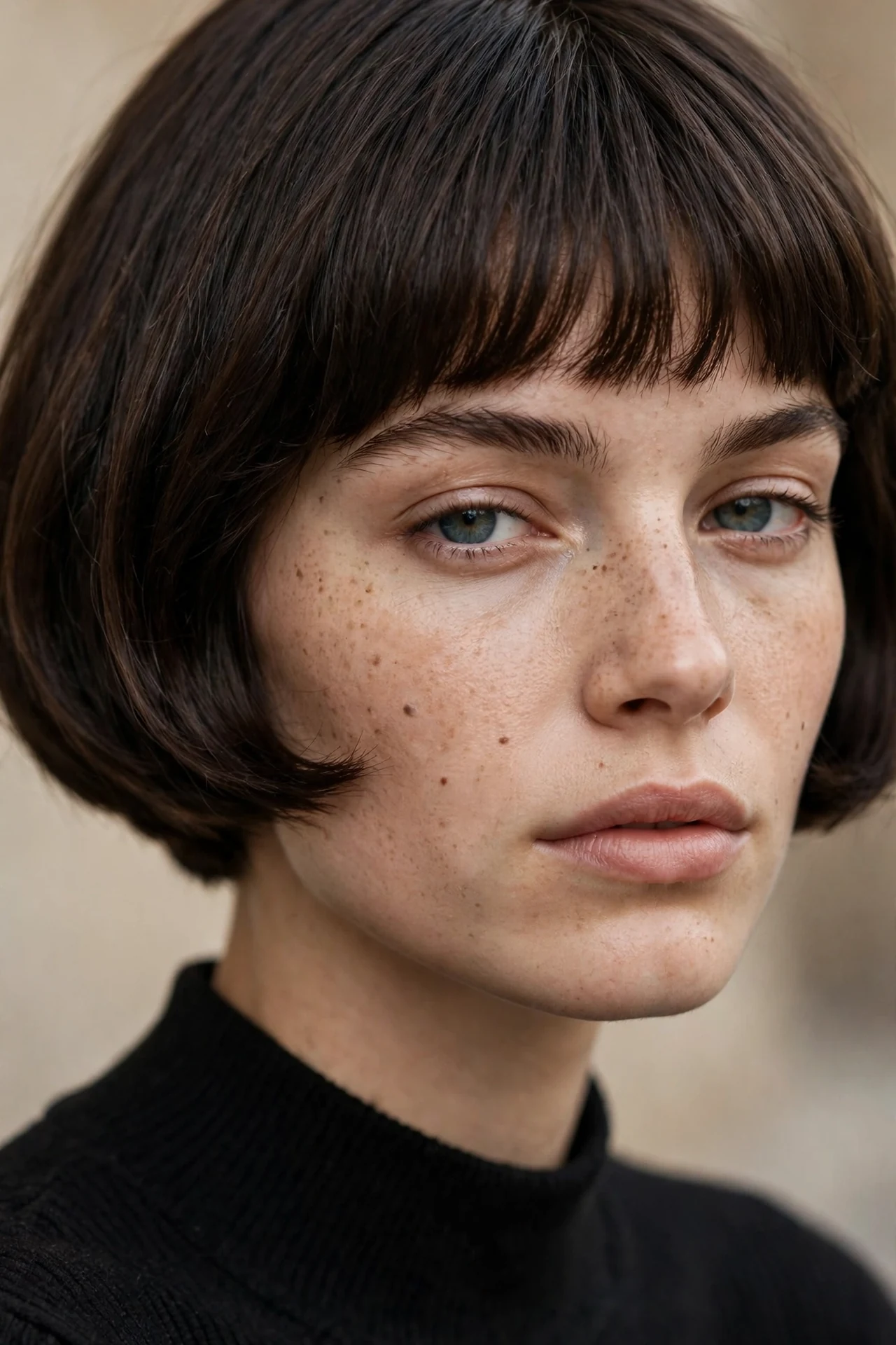 French micro bob with soft rounded shape and bangs