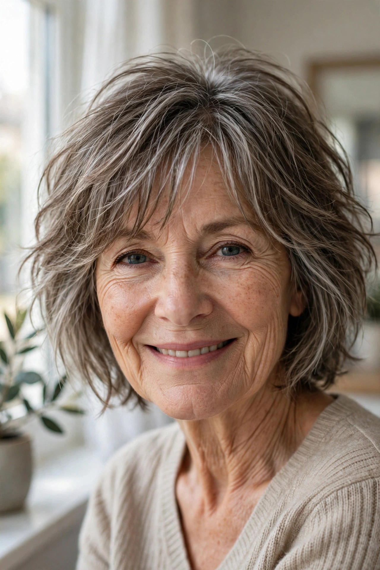 messy bob with curtain bangs for women over 50