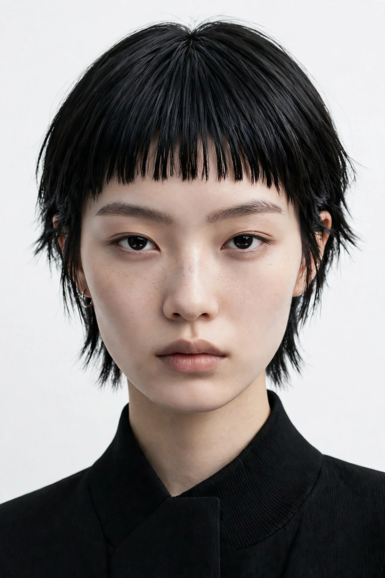 Bixie cut with short micro bangs on an East Asian woman