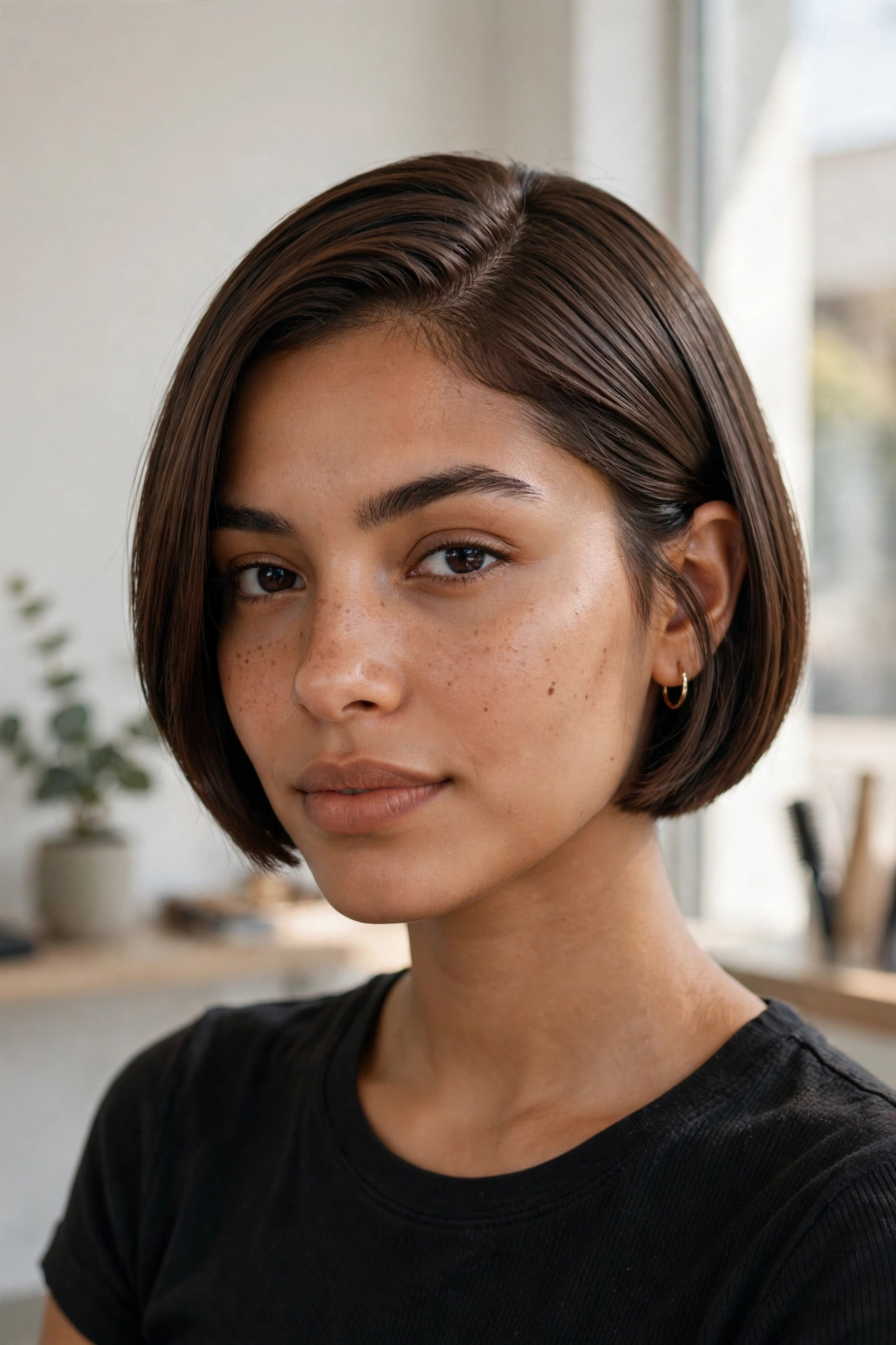 Micro bob above the jawline on straight brown hair with sleek side part