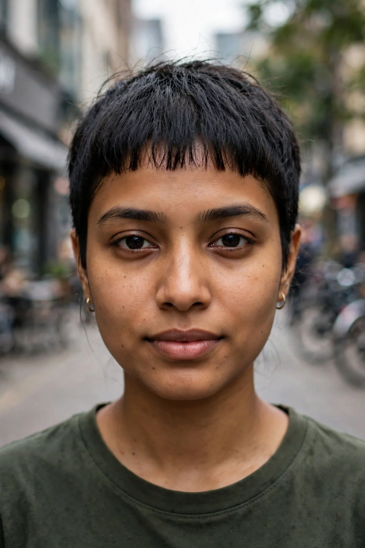Young South Asian woman with fine dark hair in a bixie with a short micro fringe